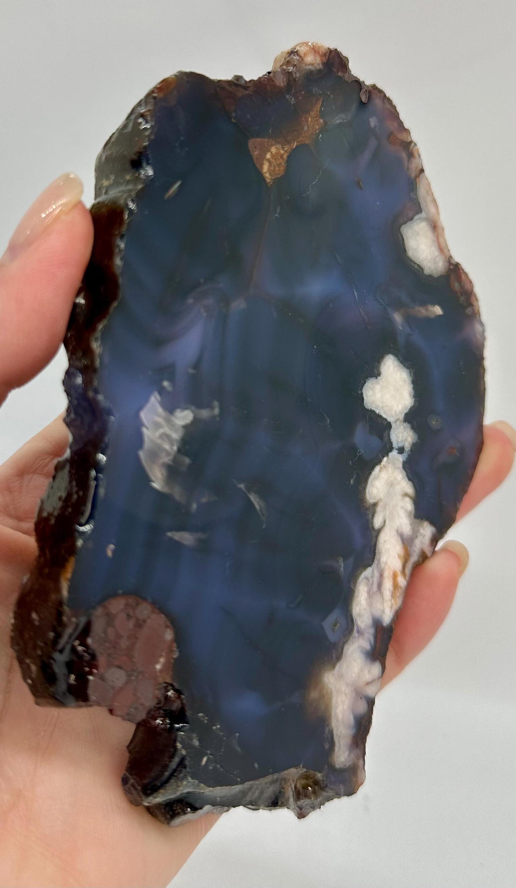 Dark Blue Flower Agate Set — Slab, Heart, Feather Carving & Wand with Acacia Stand