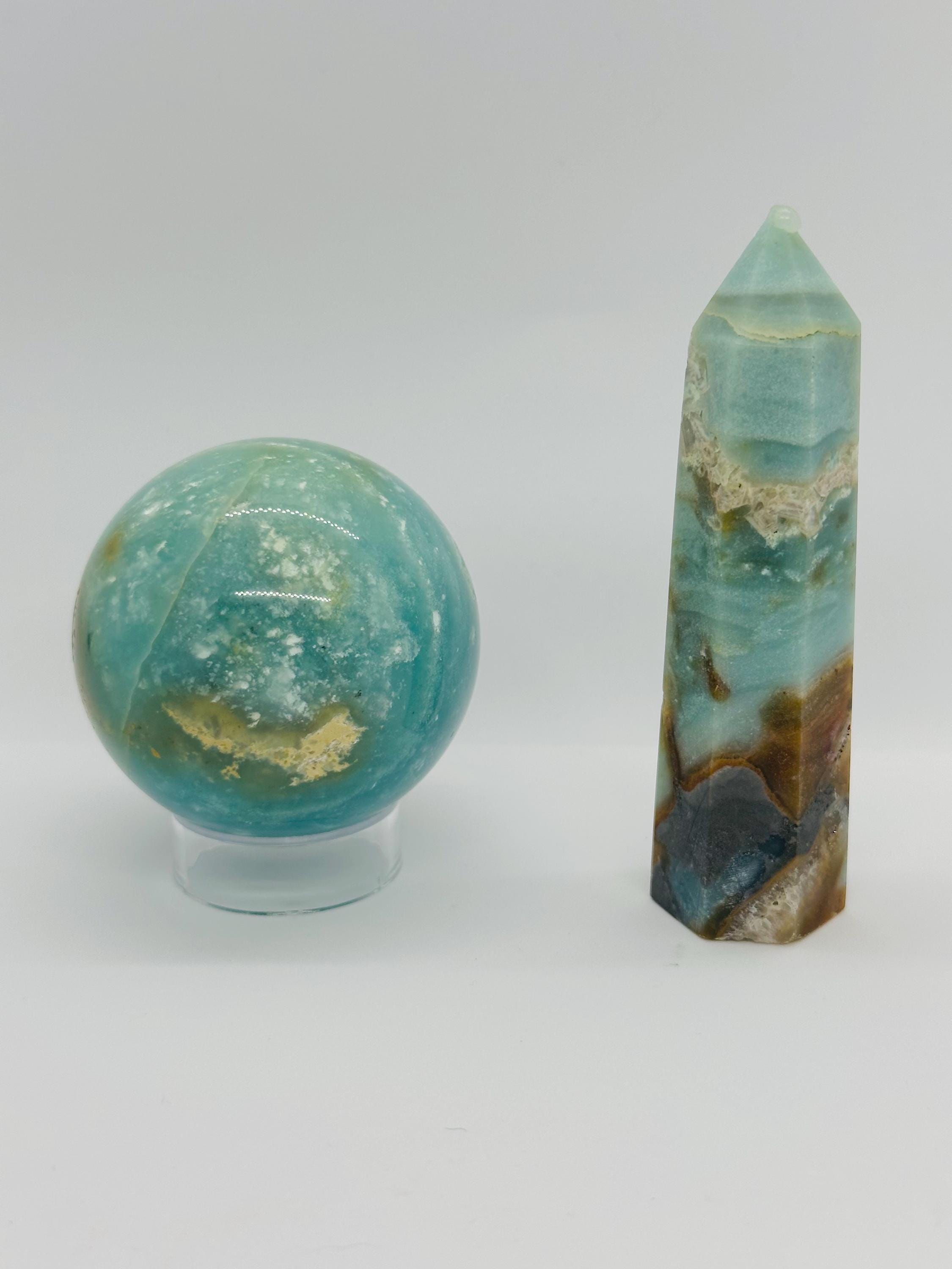 Caribbean Dream Duo: Vibrant Caribbean Calcite Sphere & Soothing Point Set; The Dream Weaver's Orb from Pakistan
