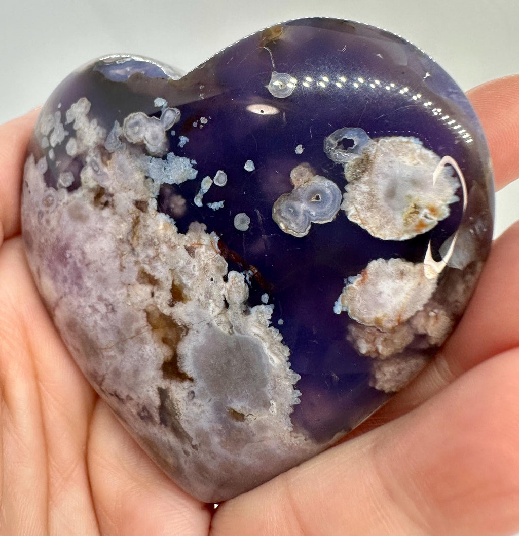 Dark Blue Flower Agate Set — Slab, Heart, Feather Carving & Wand with Acacia Stand