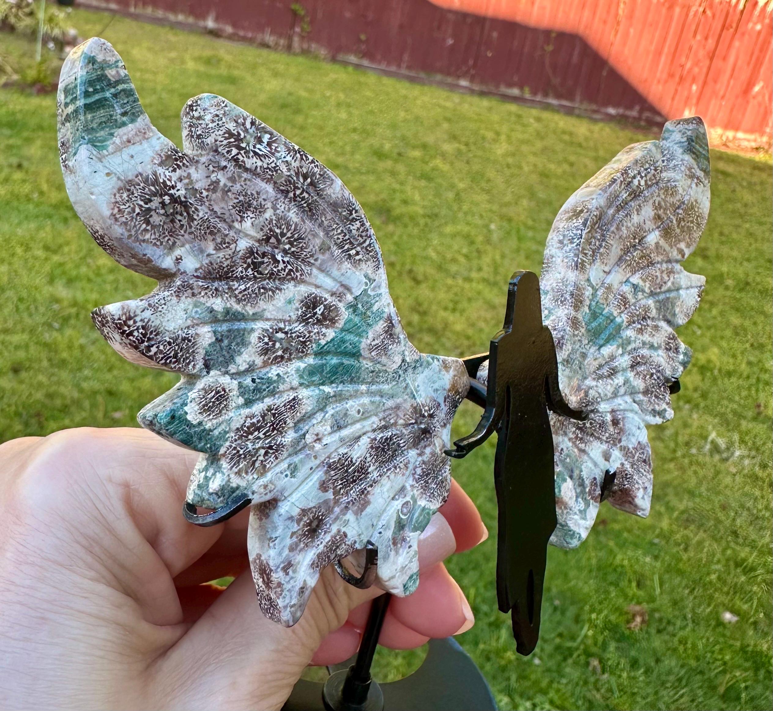 Beautiful Russian Flower Agate Angel Wings & Sphere Set sourced from Madagascar