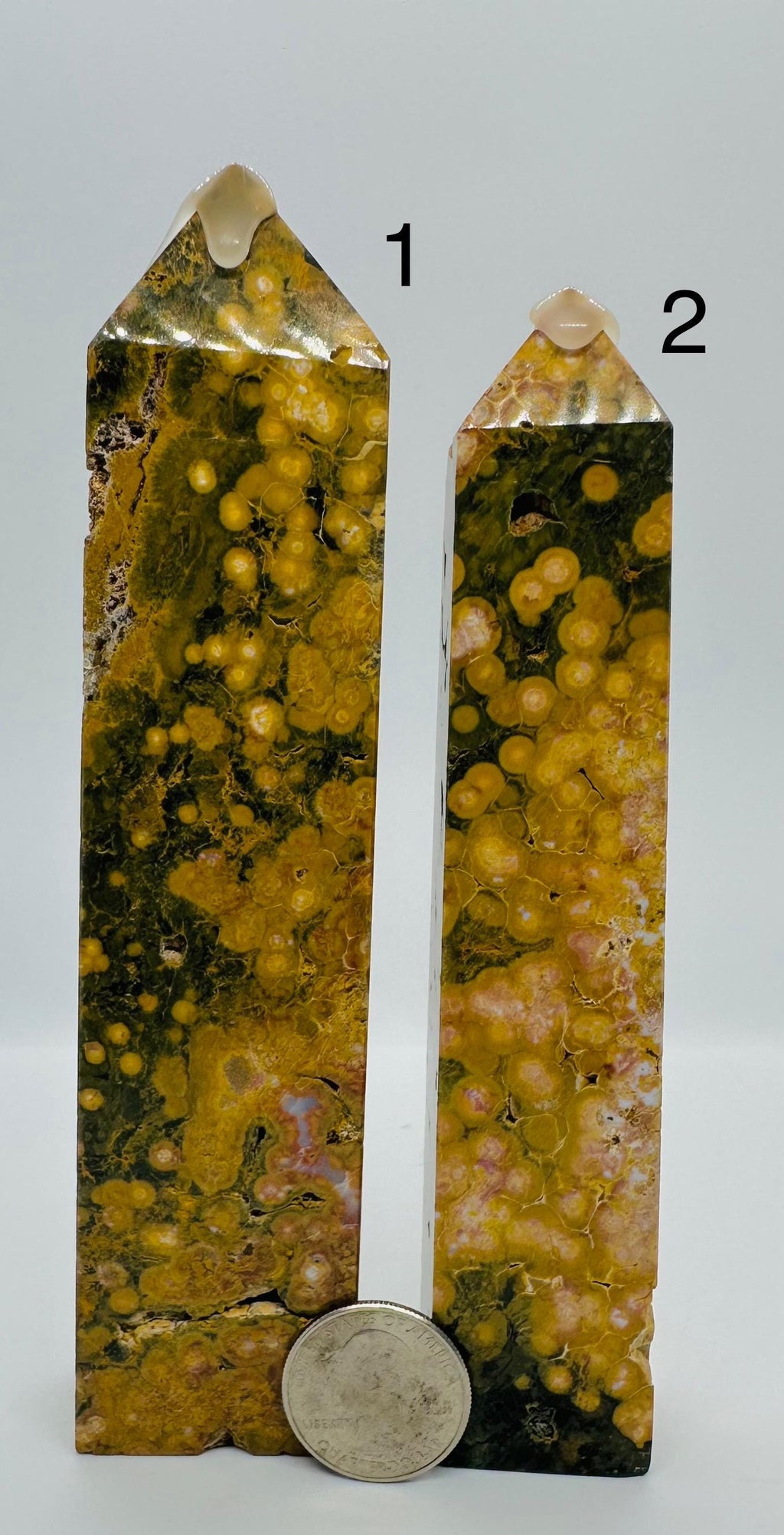 Sun-Kissed Serenity: Rare Yellow Kambaby Ocean Jasper Tower with Green, Pink and  White Zones