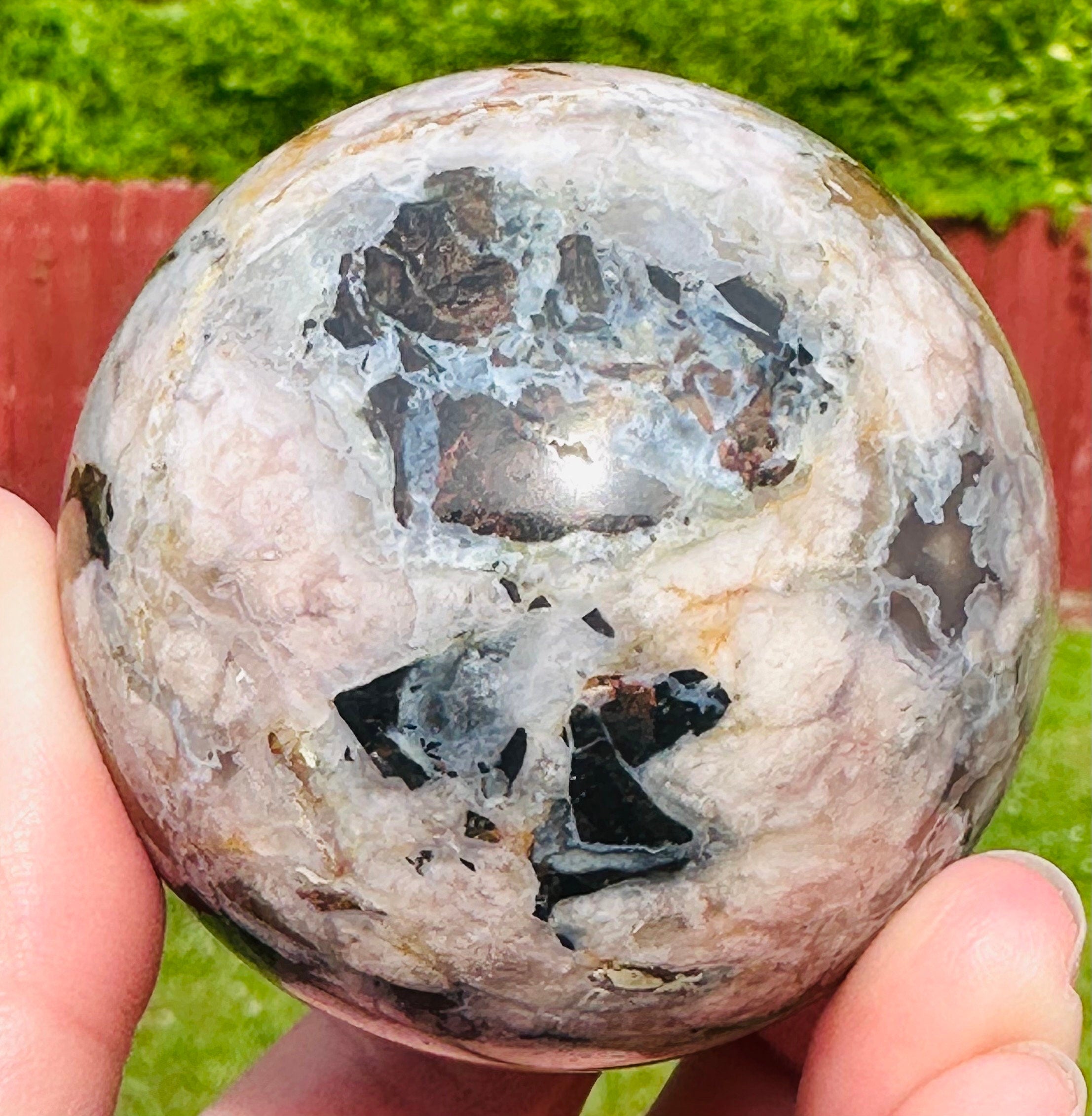 231 Grams Mosaic Like Black Flower Agate Sphere from Madagascar