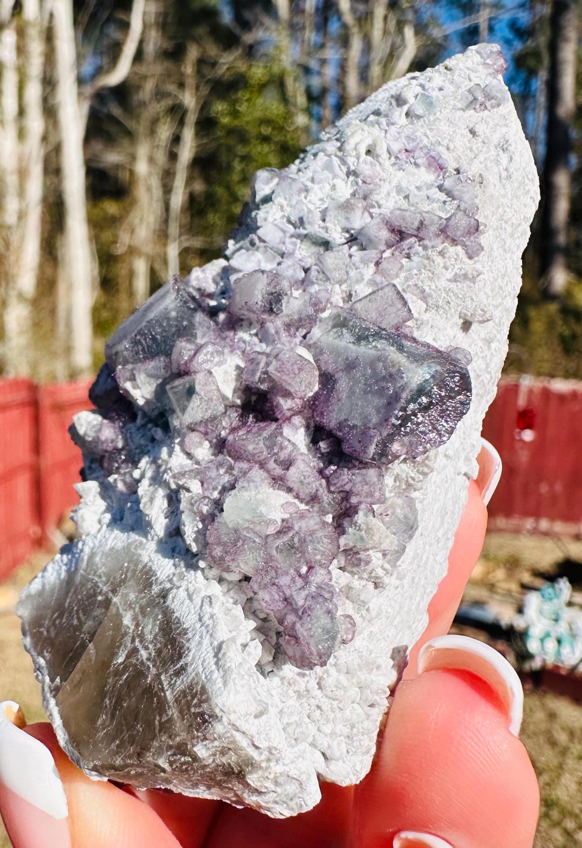 133 Grams DT and ET Natural Green and Purple Octahedron Fluorite over a Second Crystalization Specimen Huanggangliang