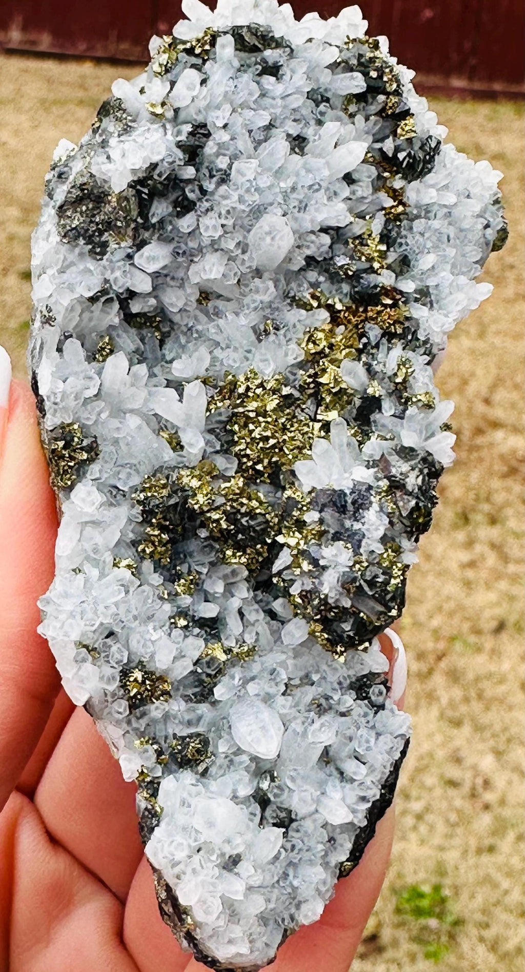 175 Grams unique Chalcopyrite Pseudomorph after Sphalerite with Quartz Crystals from Huanza Mine in Peru