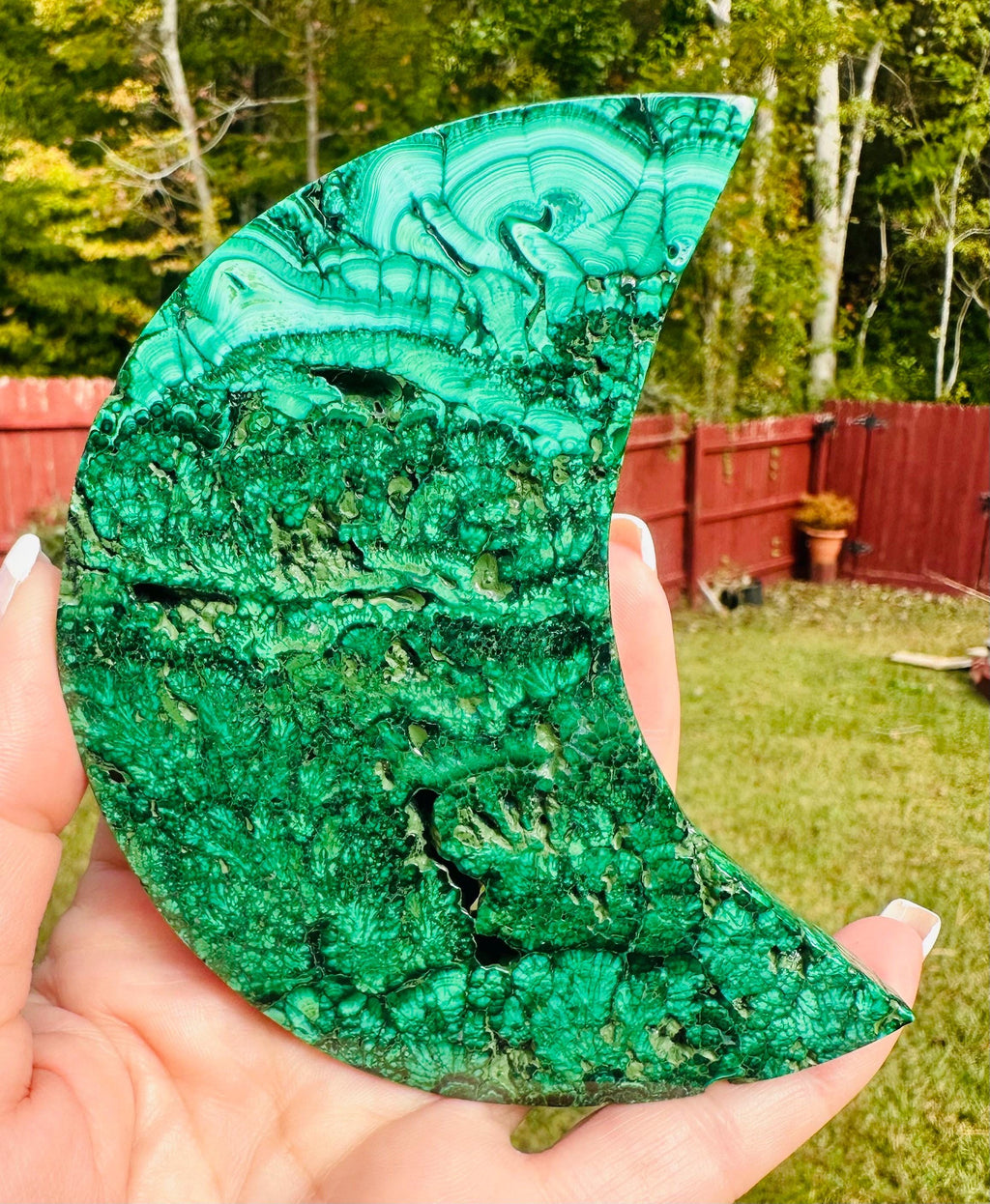 225 grams Gorgeous Malachite Crescent Moon with metal stand