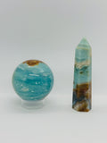 Caribbean Dream Duo: Vibrant Caribbean Calcite Sphere & Soothing Point Set; The Dream Weaver's Orb from Pakistan