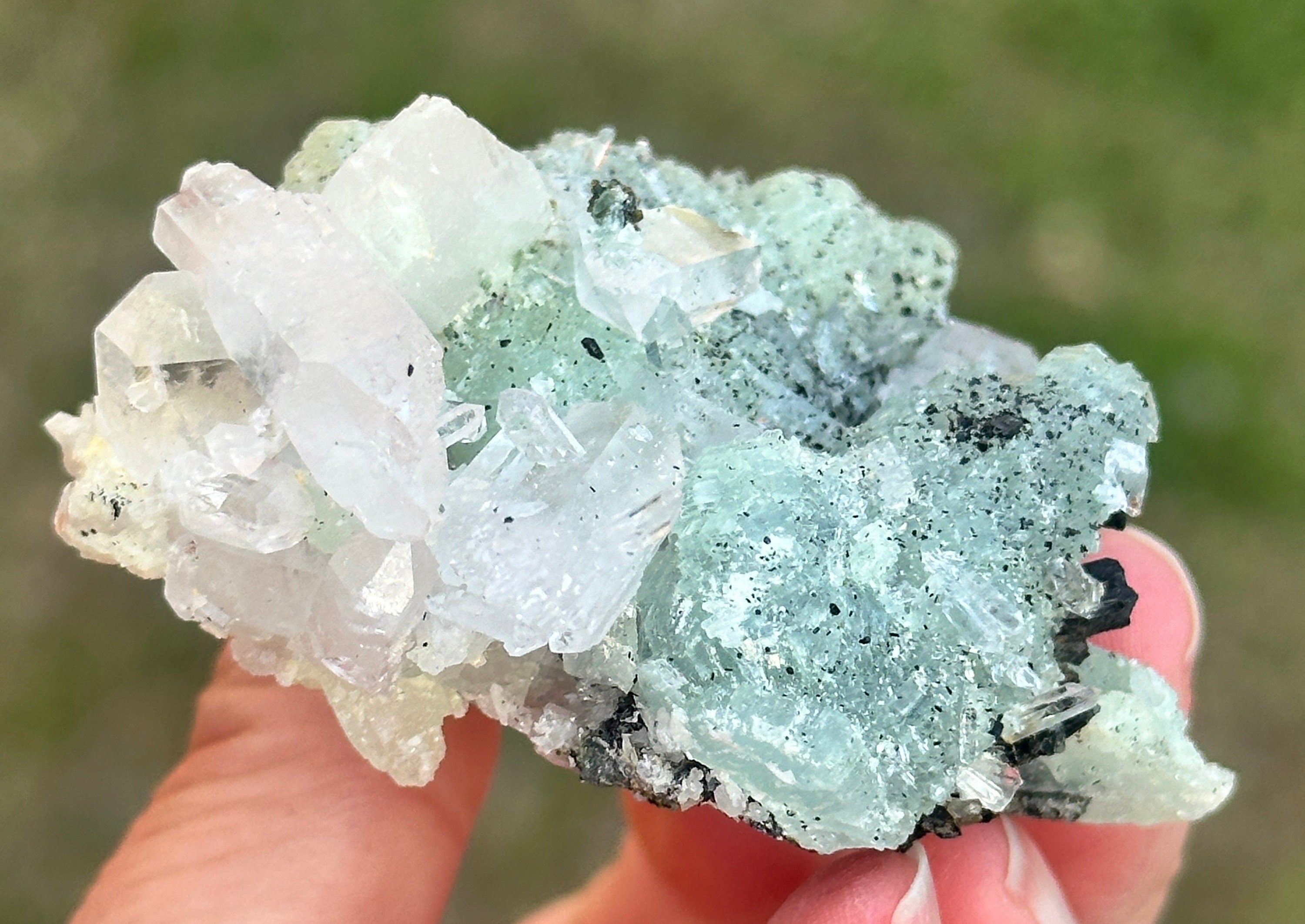 90 Grams of Babingtonite on Prehnite and ET and DT Clear Quartz Points from Qiaojia, Yunnan Province, China