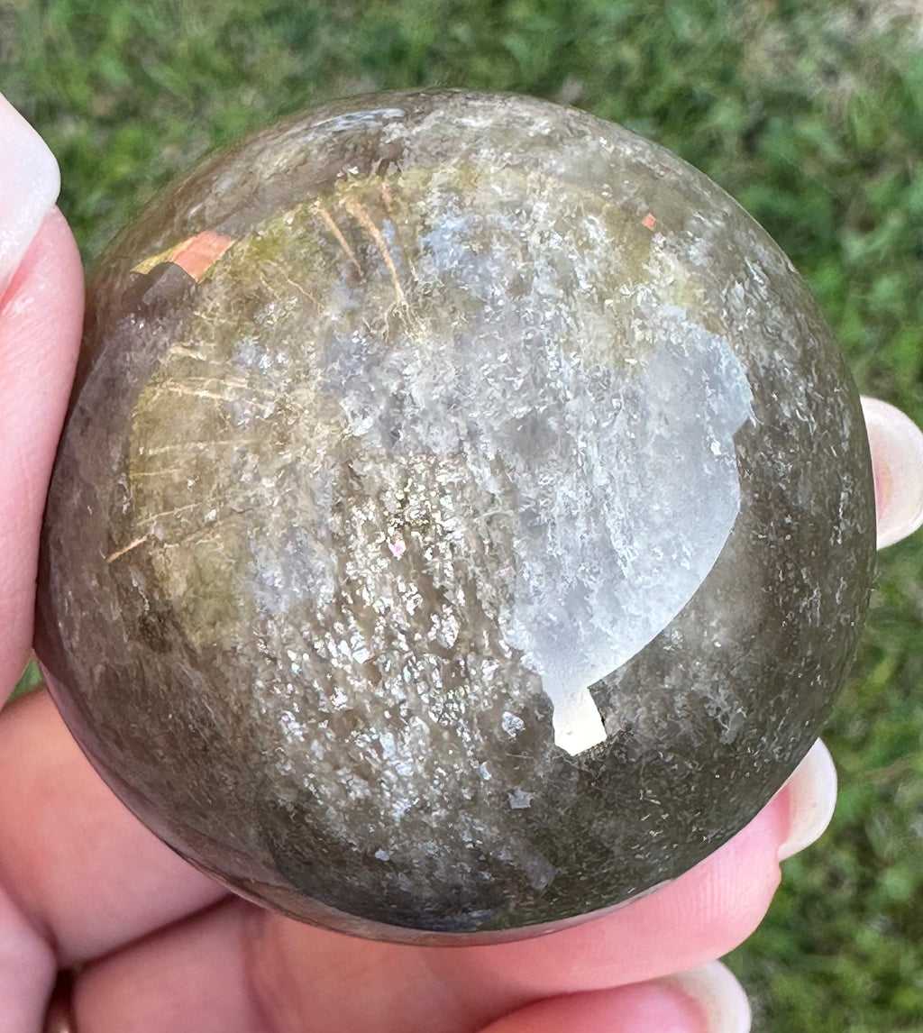 Black Moonstone Sphere with Blue Flash & Rainbow Fire, Madagascar