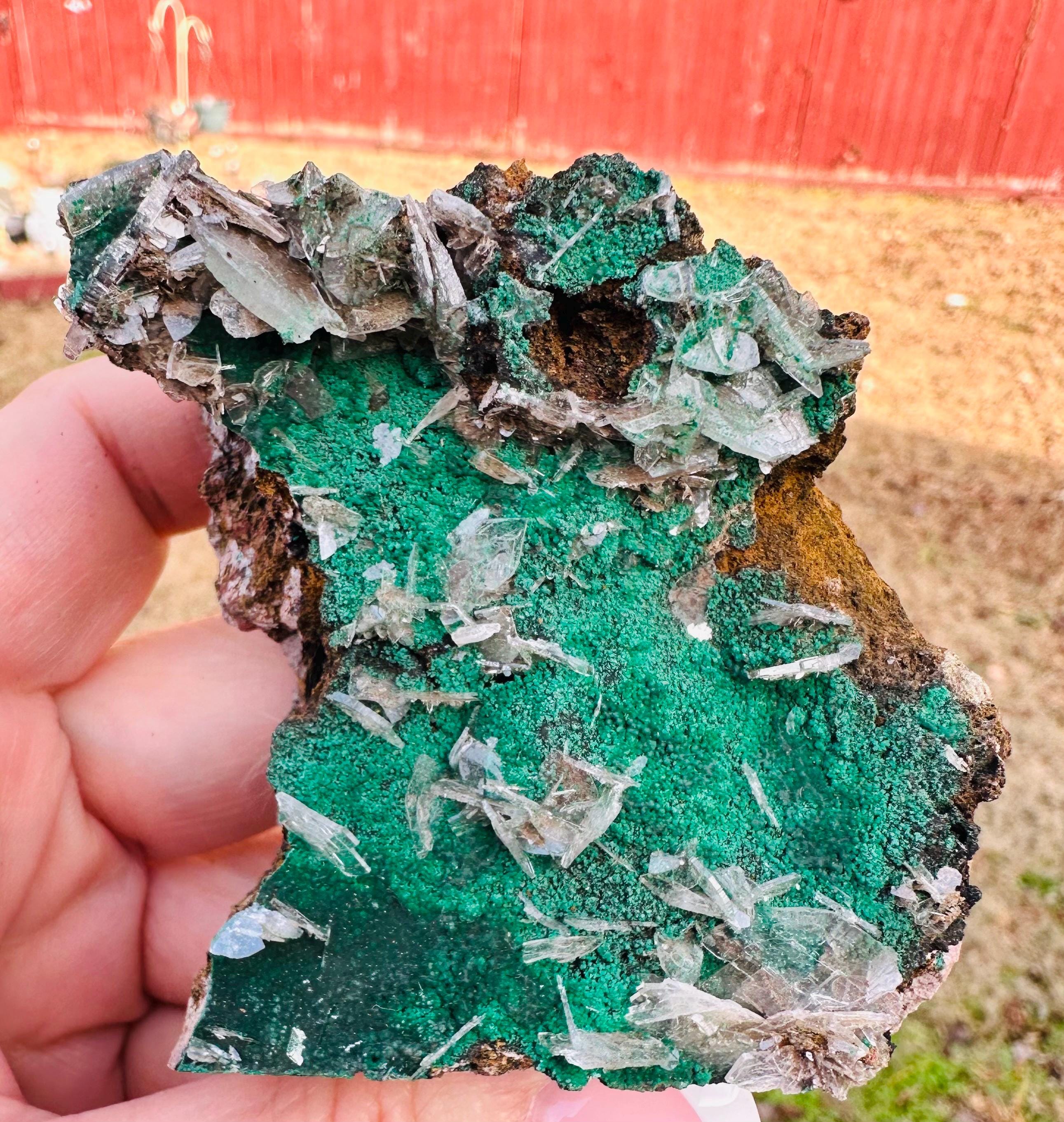 152 Grams Clear Barite blades in green "sandy granular like" Atacamite specimen from China