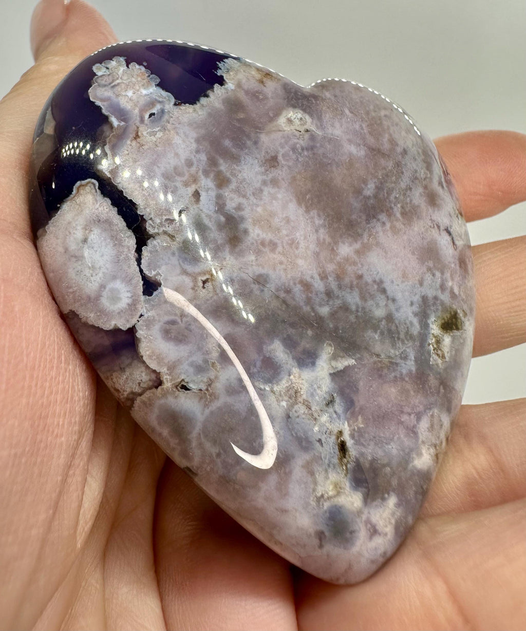 Dark Blue Flower Agate Set — Slab, Heart, Feather Carving & Wand with Acacia Stand