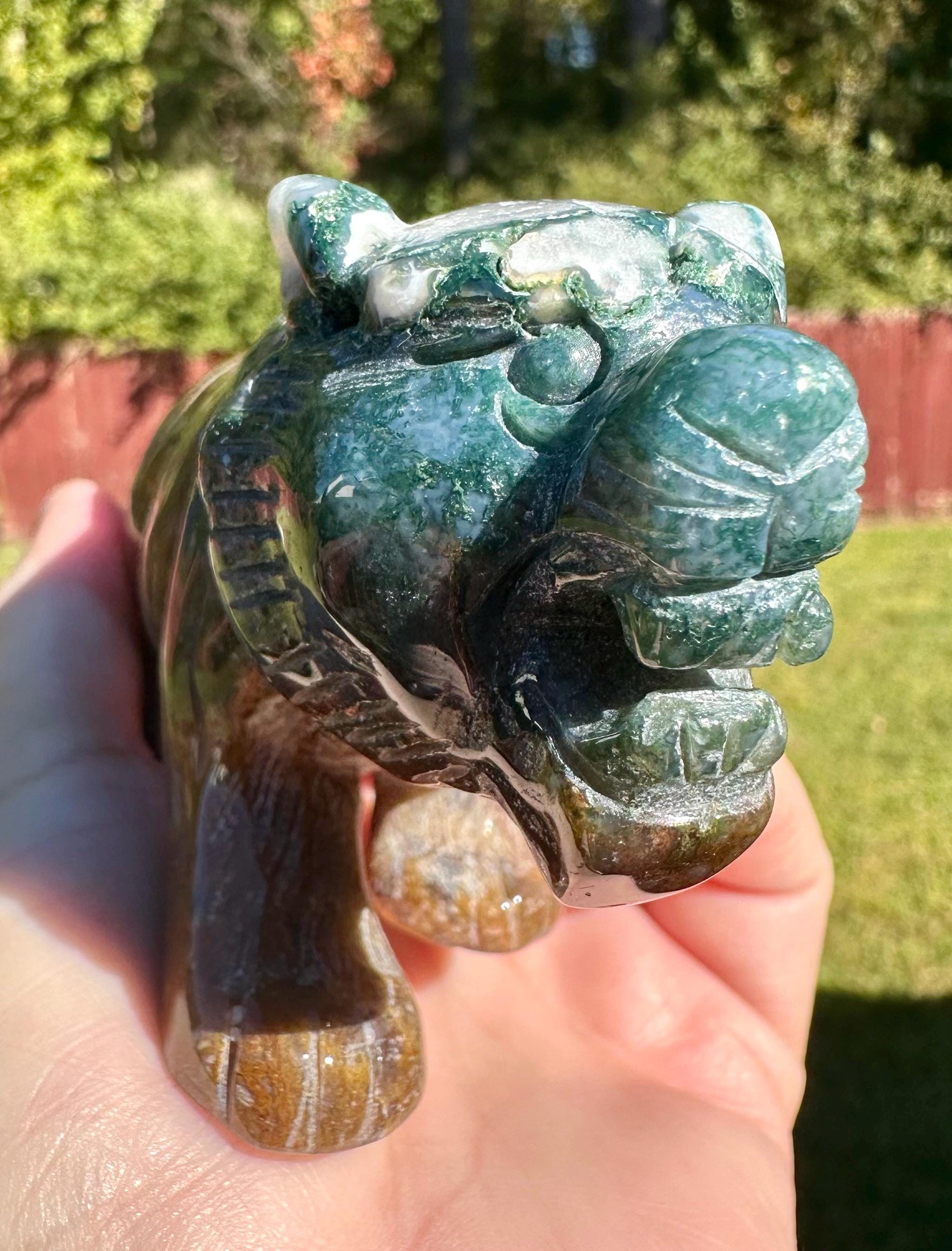 383 grams Captivating Colorful Moss Agate Tiger Carving from India
