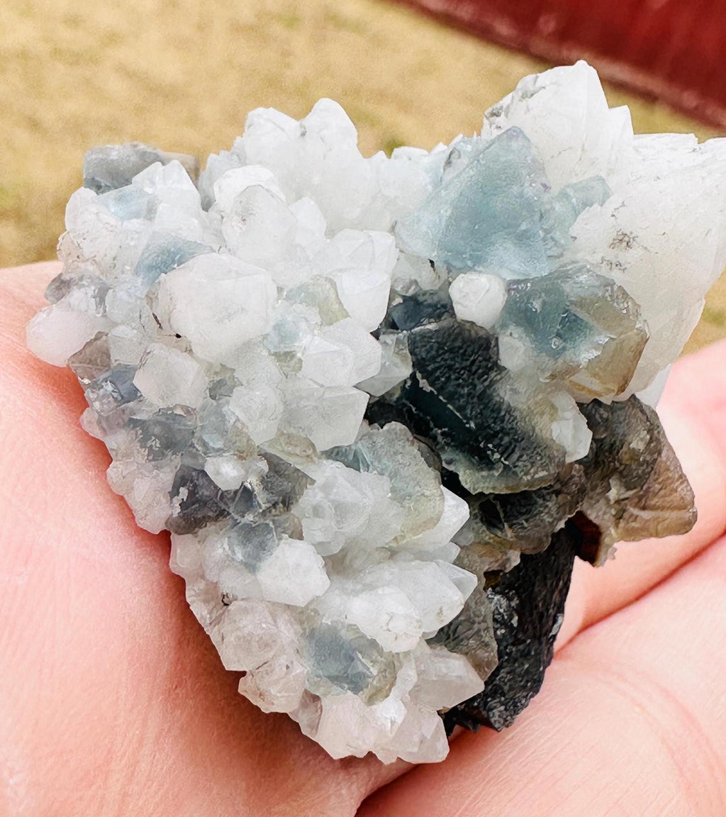 49 Grams Candle Quartz with light Blue-Greenish cubic Fluorite over Arsenopyrite from Inner Mongolia