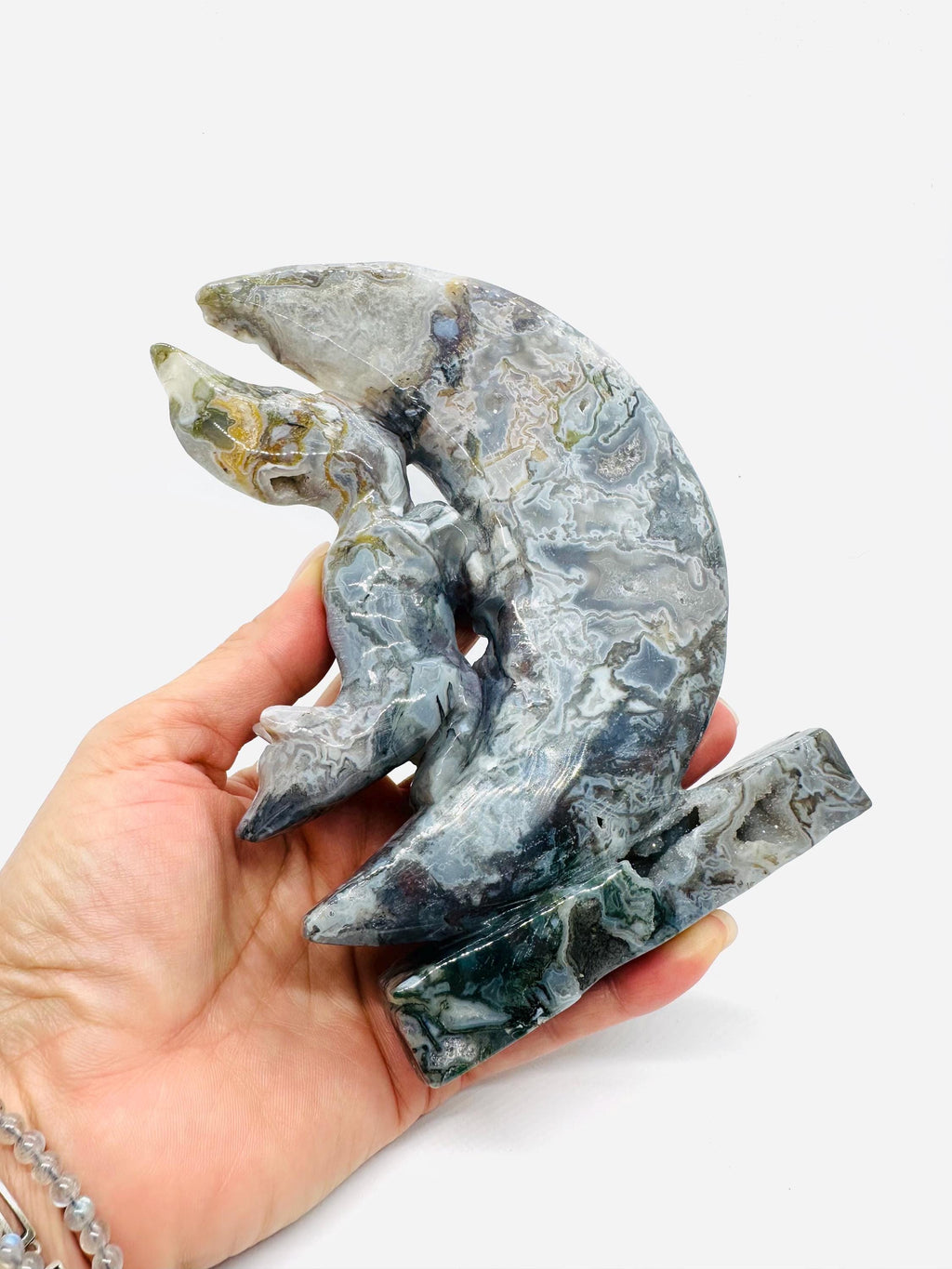 683 Grams One of a Kind Whimsical Wisdom: Fox in the Moon Colorful Moss Agate Carving