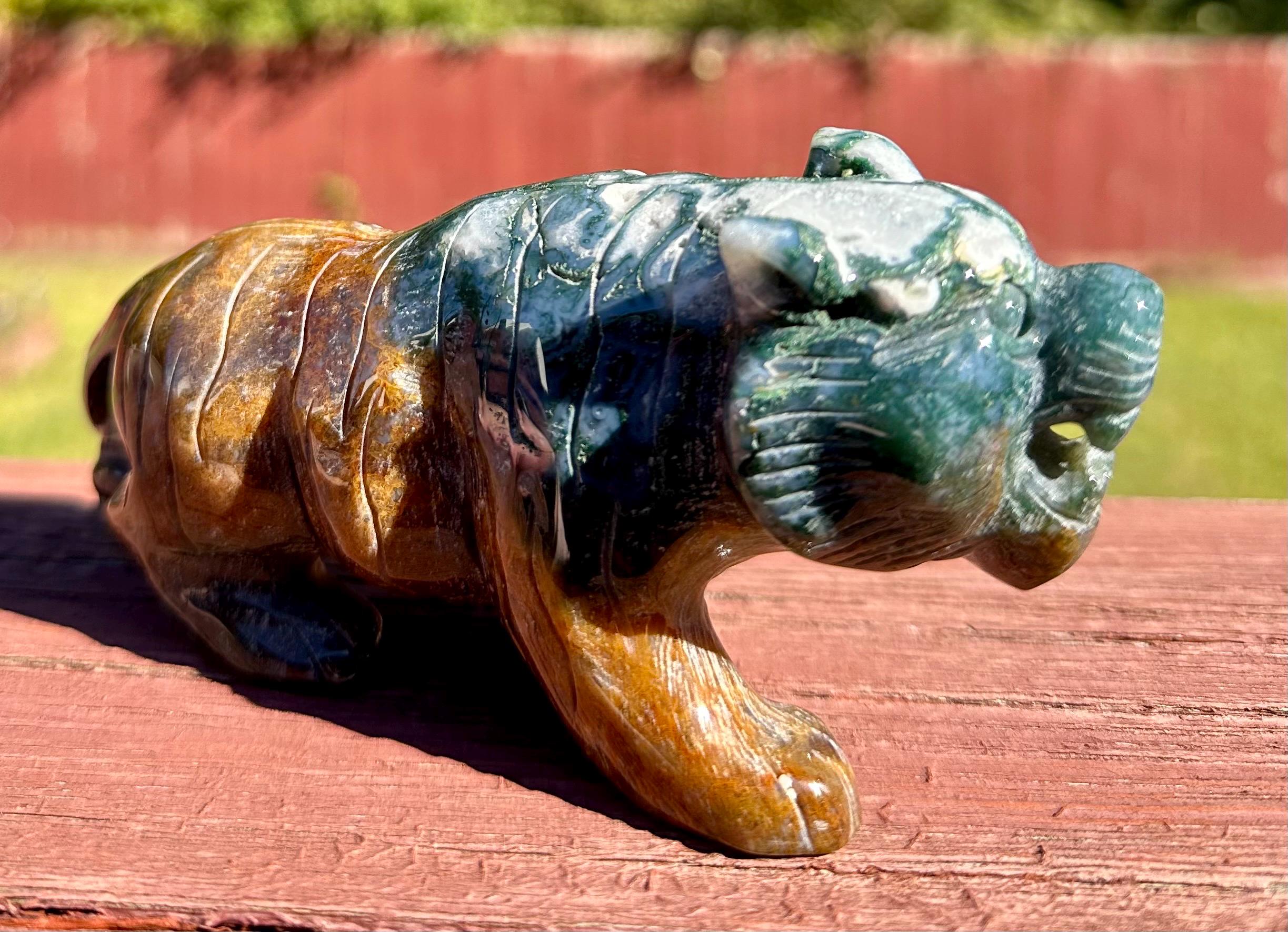 383 grams Captivating Colorful Moss Agate Tiger Carving from India
