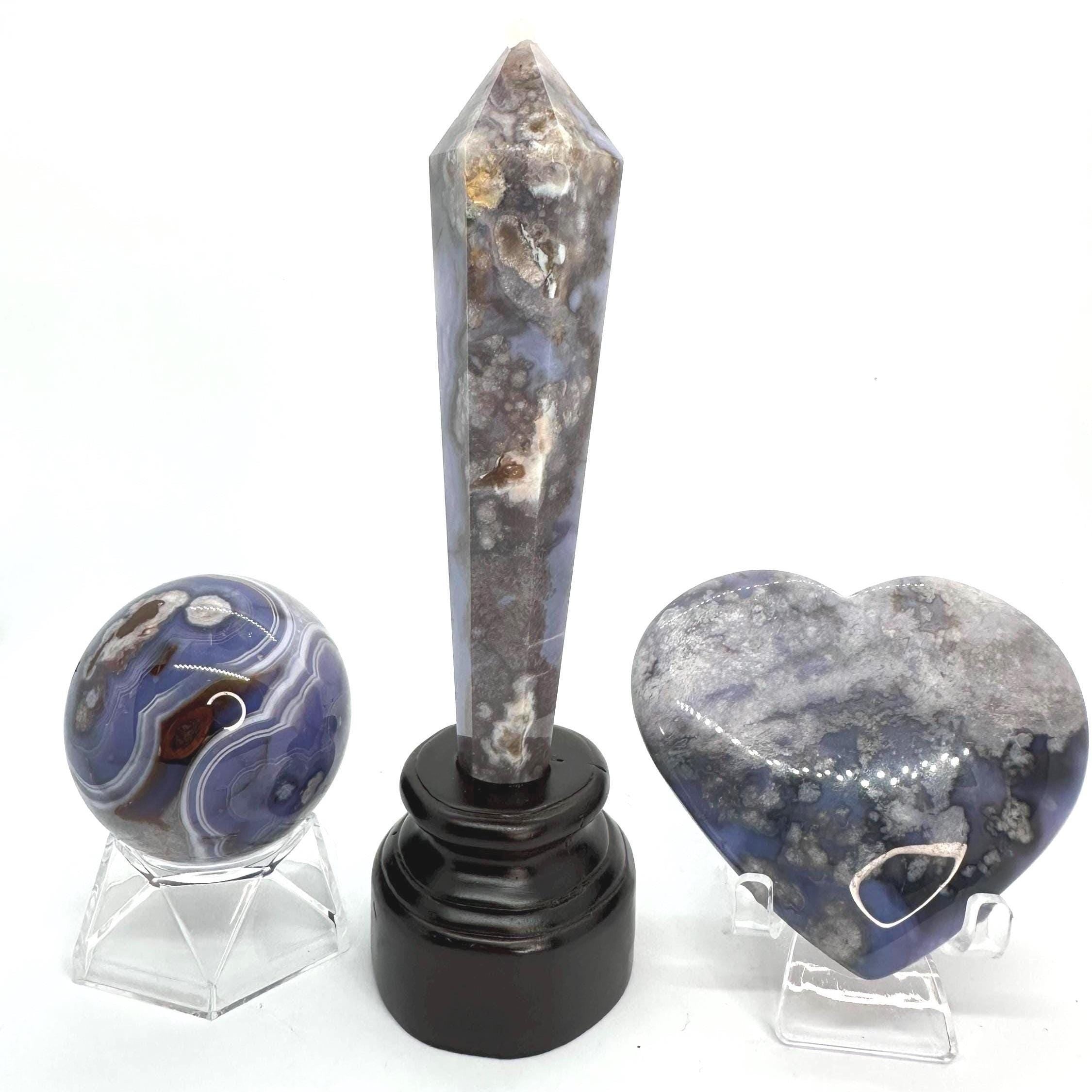 Blue Flower Agate Heart, Sphere & Wand Set with Acacia Stand from Madagascar