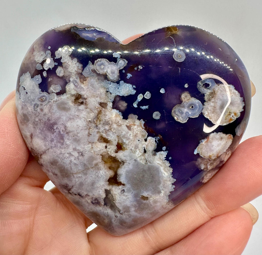 Dark Blue Flower Agate Set — Slab, Heart, Feather Carving & Wand with Acacia Stand