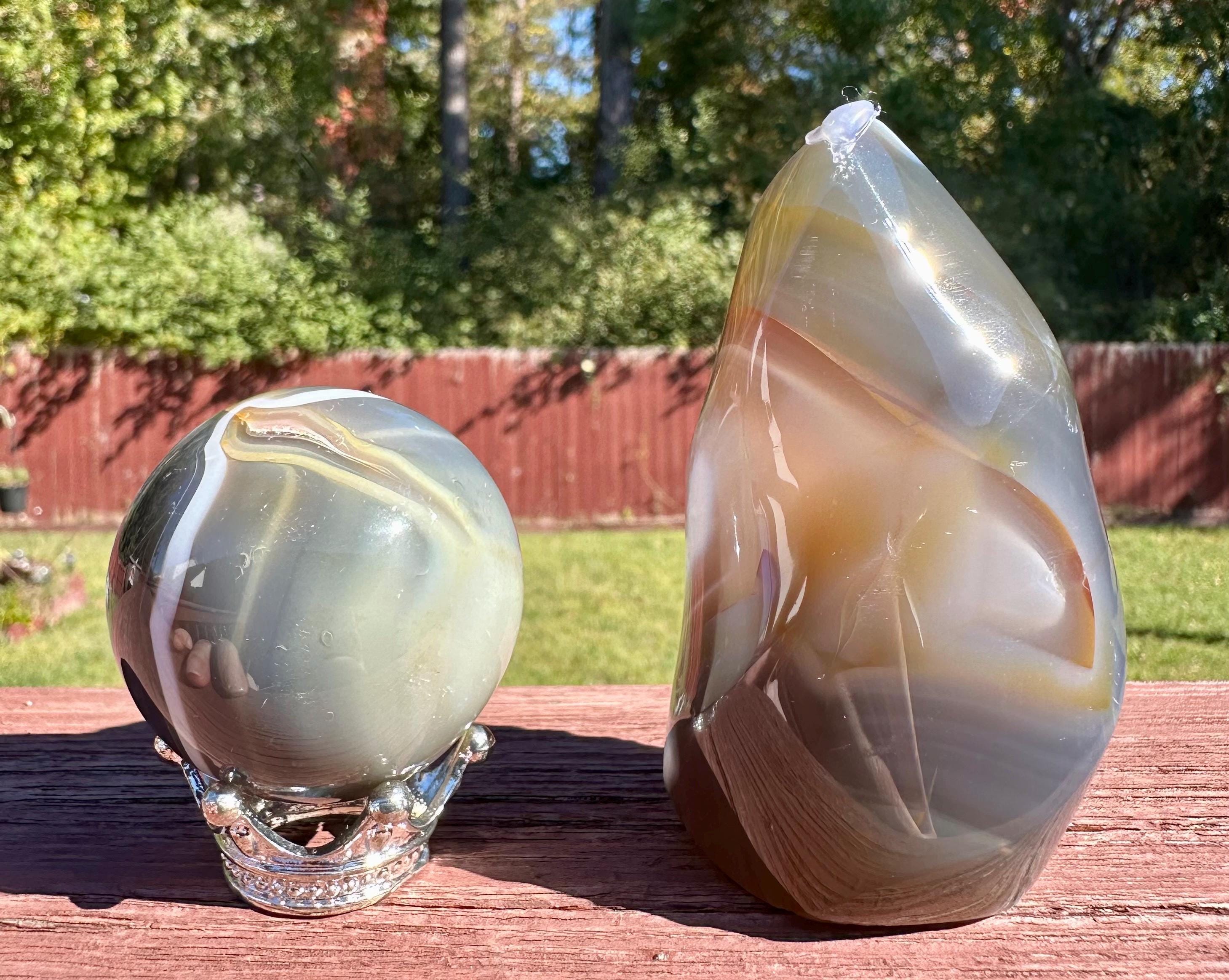 Orca Agate Puffy Heart, Flame and Sphere Set from Madagascar