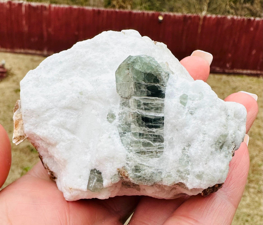 154 Grams well formed Green Apatite Crystal on Feldspar with shiny Golden Mica from Afghanistan