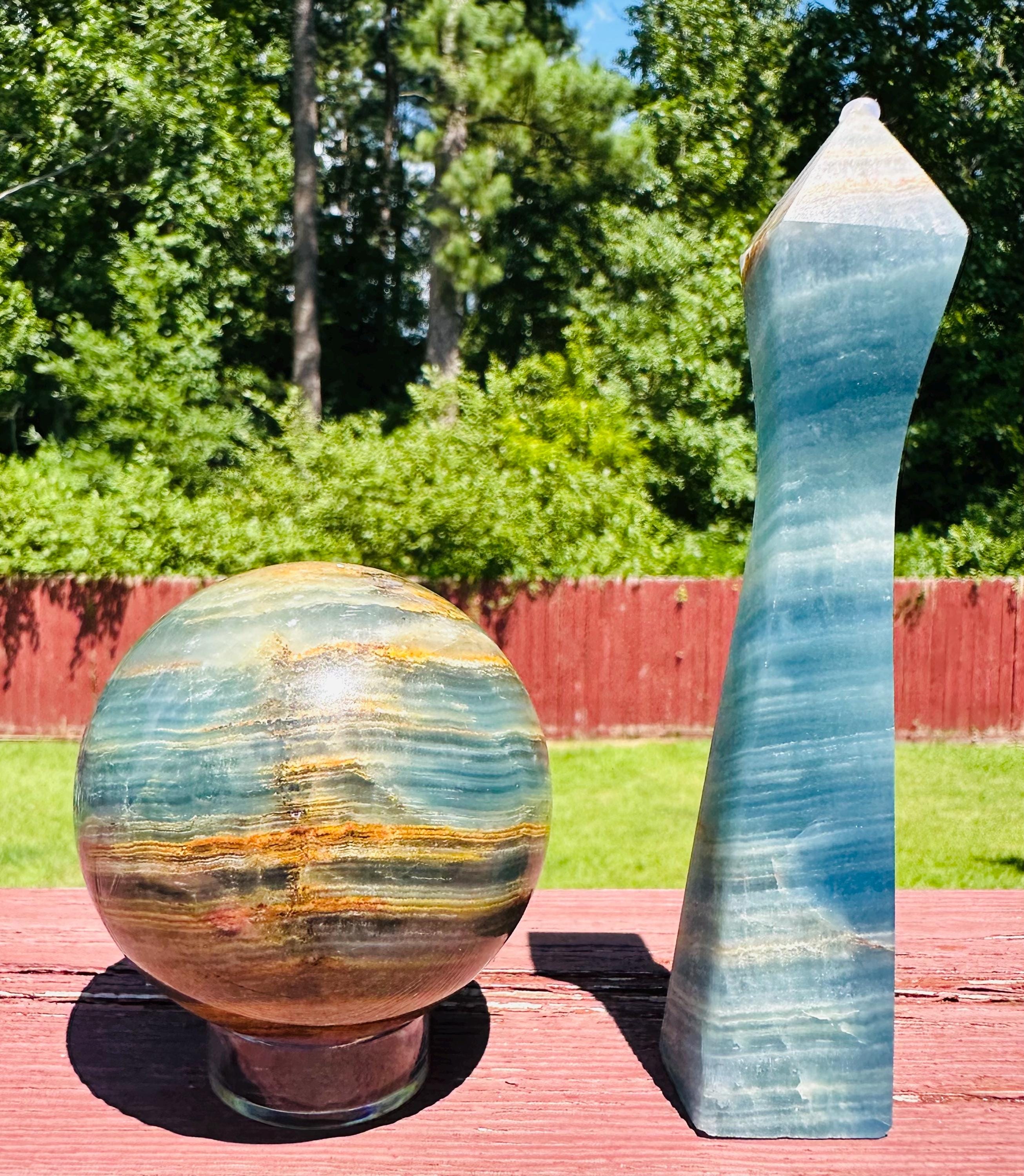 402 grams Aquatine Lemurian, Blue Onxy, Blue Calcite, Argentinian Blue Onyx, with a Tower as a bonus, from Agentina