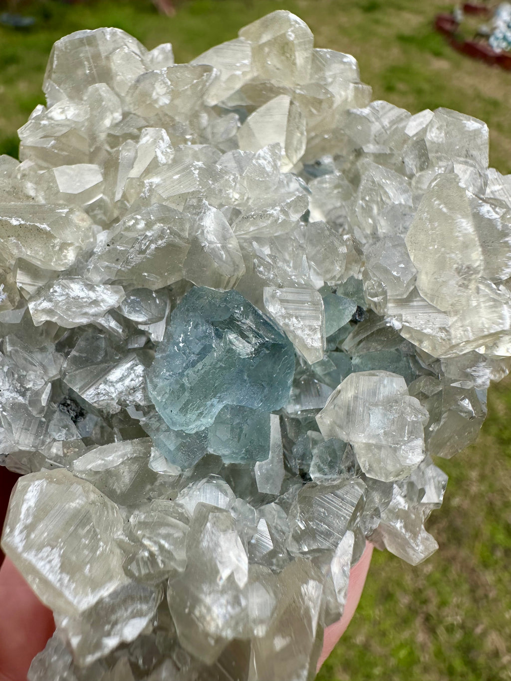 Benz Calcite on Blue & Green Fluorite, Xiang Hualing Mine, China