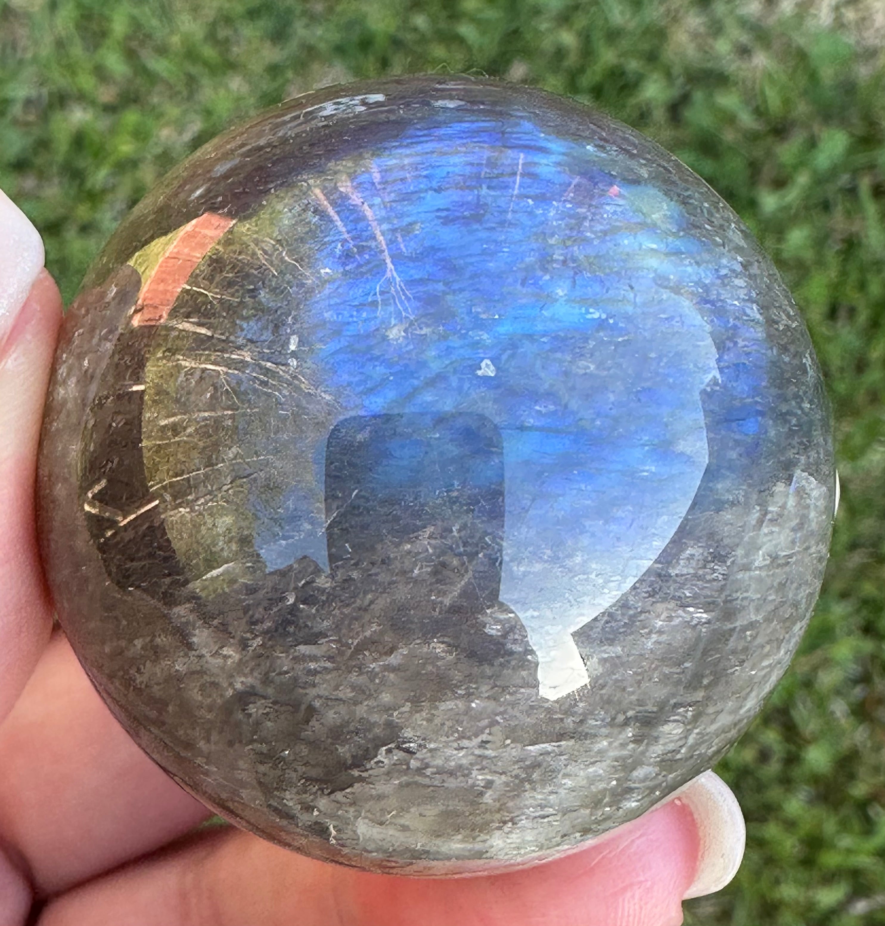 Black Moonstone Sphere with Blue Flash & Rainbow Fire, Madagascar