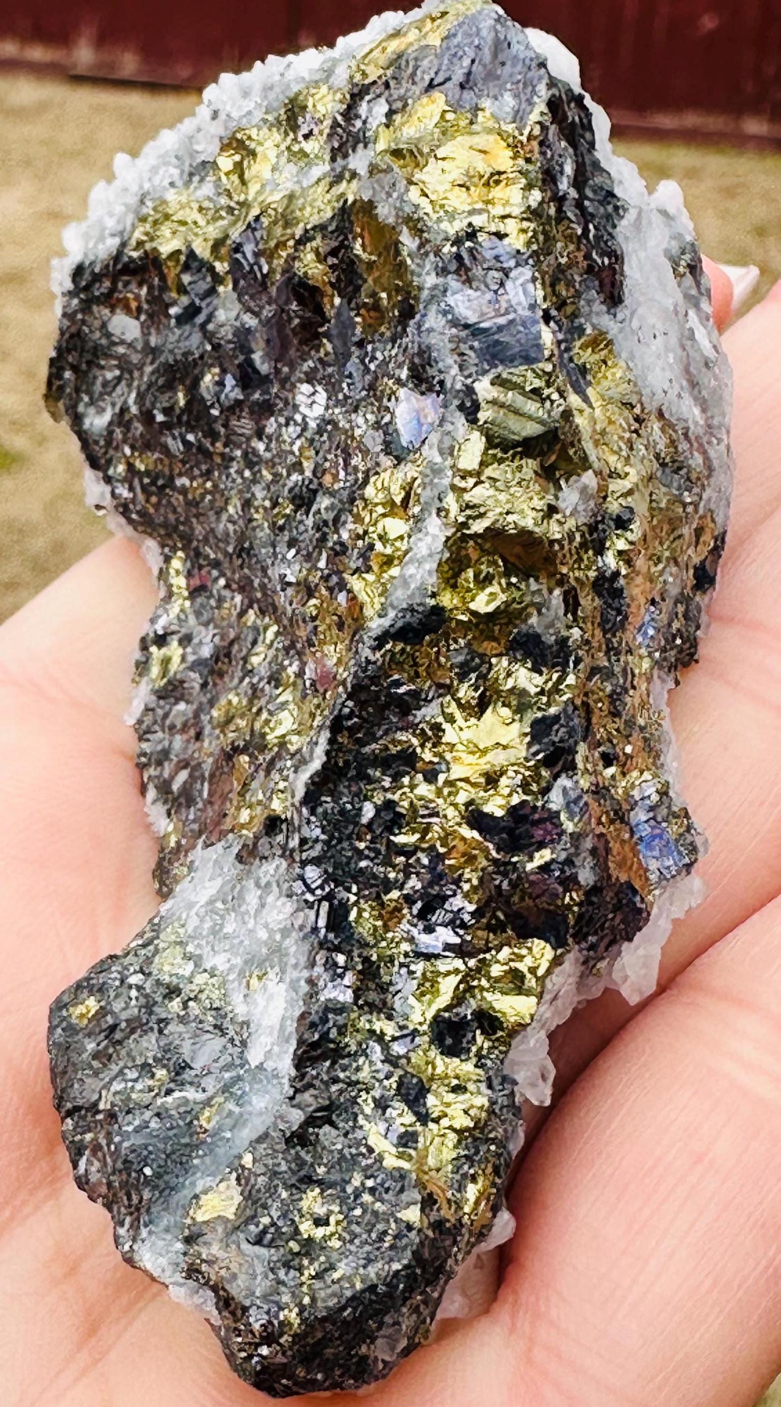 175 Grams unique Chalcopyrite Pseudomorph after Sphalerite with Quartz Crystals from Huanza Mine in Peru