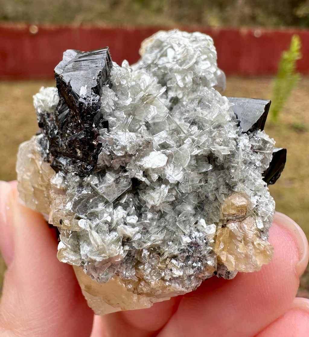 95 Grams Cassiterite Cluster with Silvery Muscovite & Fluorescent Calcite from Afghanistan