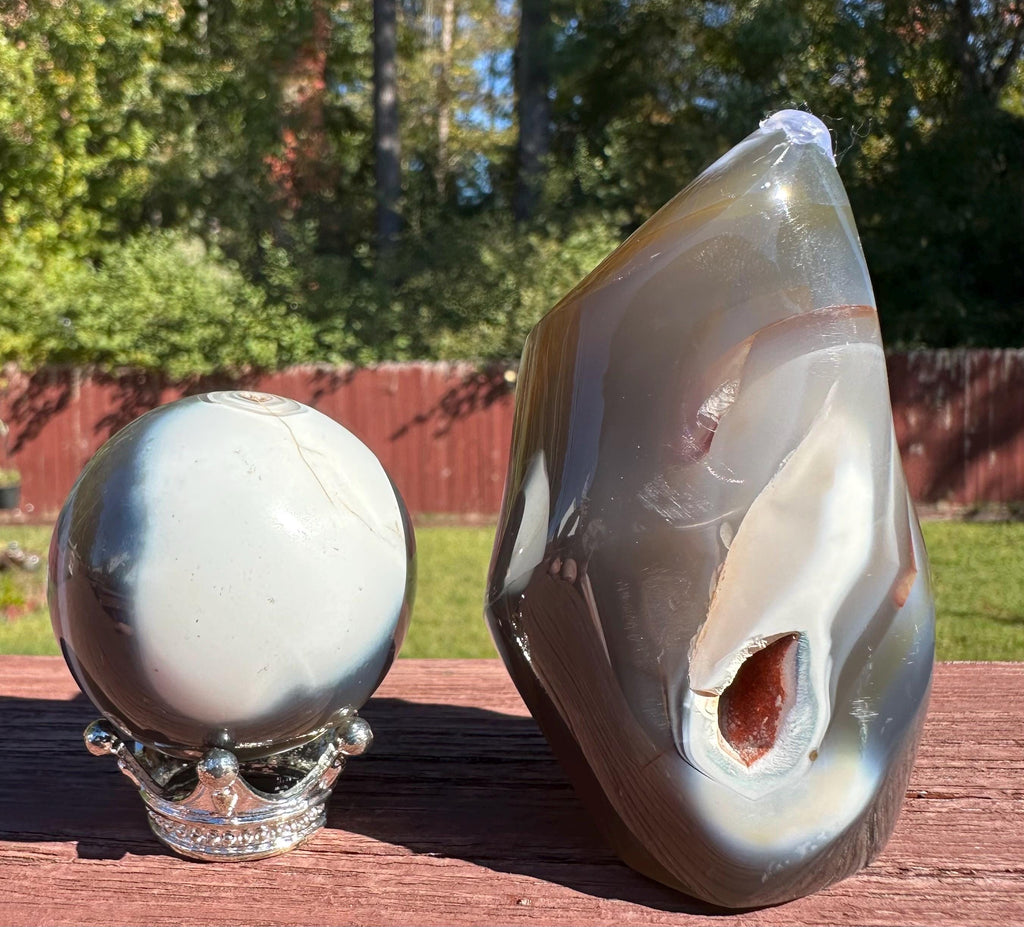 Orca Agate Puffy Heart, Flame and Sphere Set from Madagascar