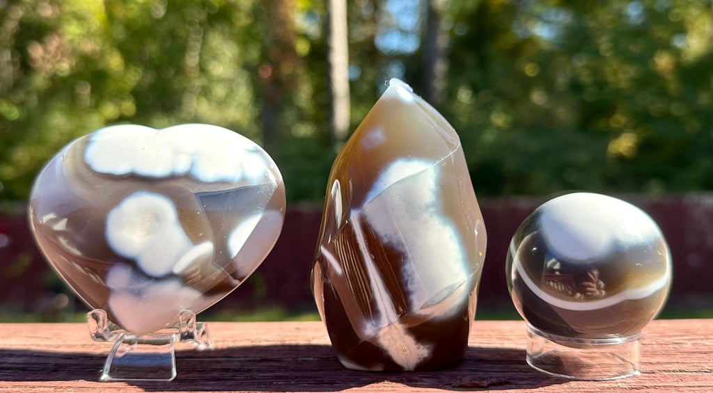 Orca Agate Puffy Heart, Flame and Sphere Set from Madagascar