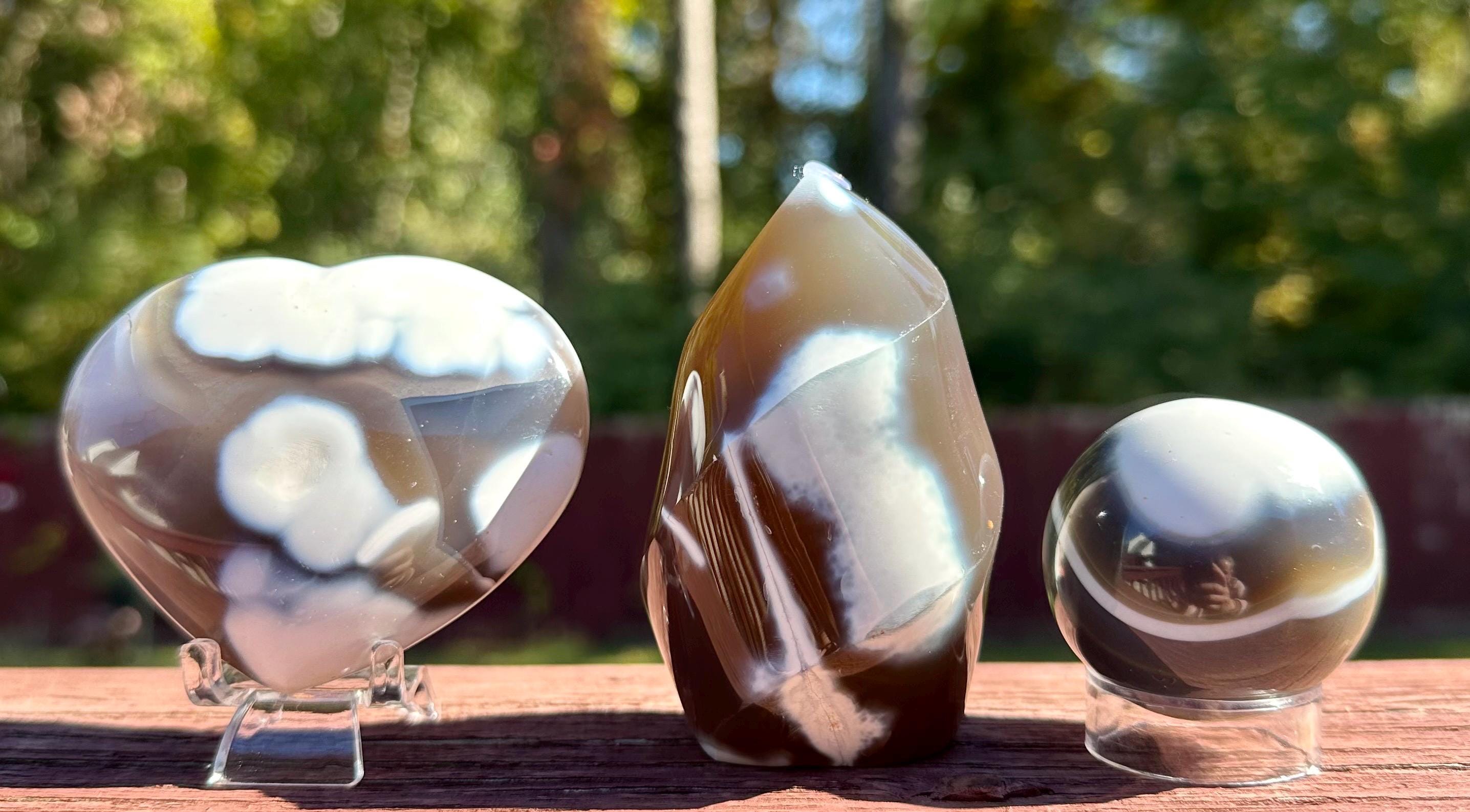 Orca Agate Puffy Heart, Flame and Sphere Set from Madagascar