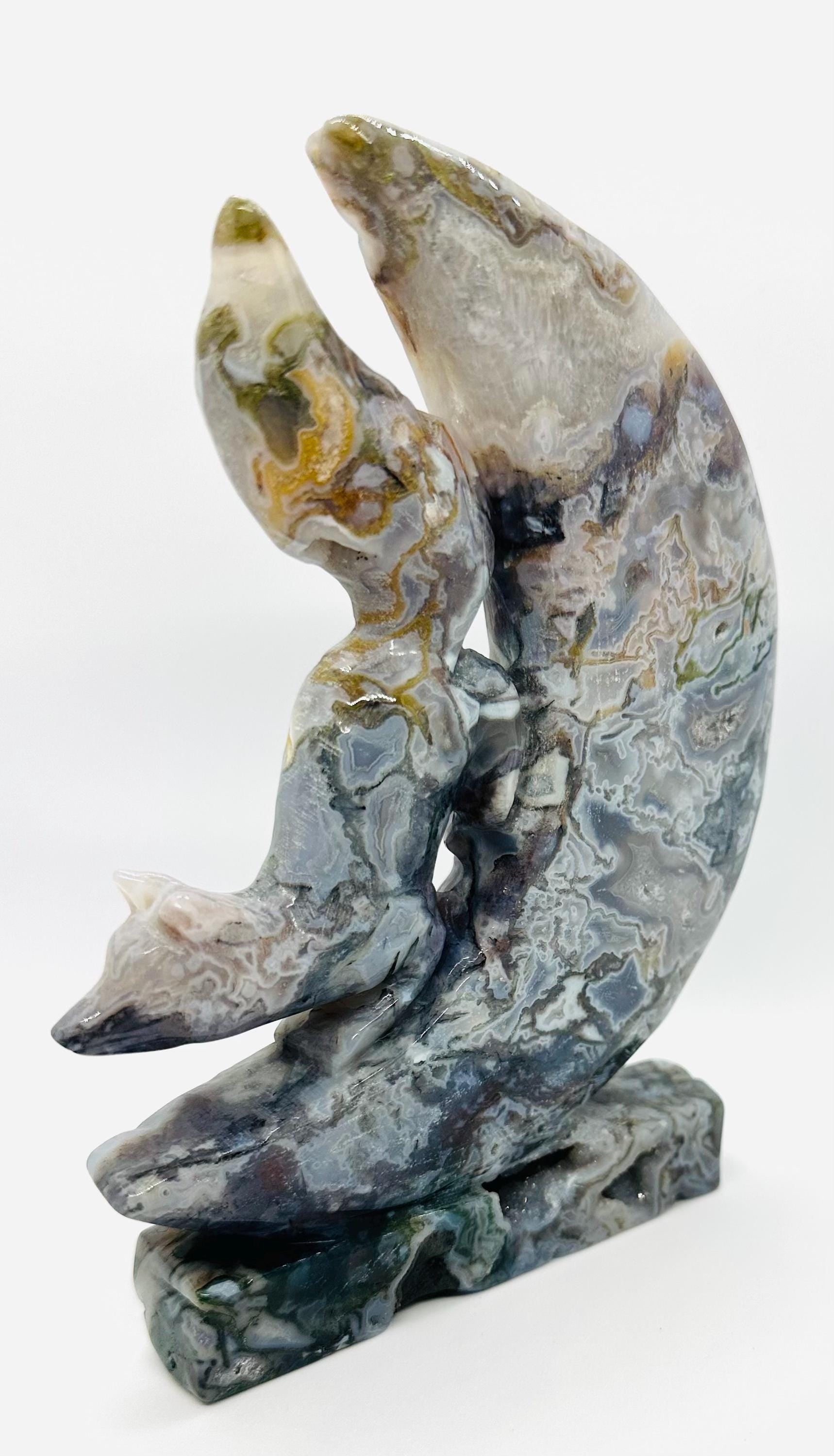 683 Grams One of a Kind Whimsical Wisdom: Fox in the Moon Colorful Moss Agate Carving