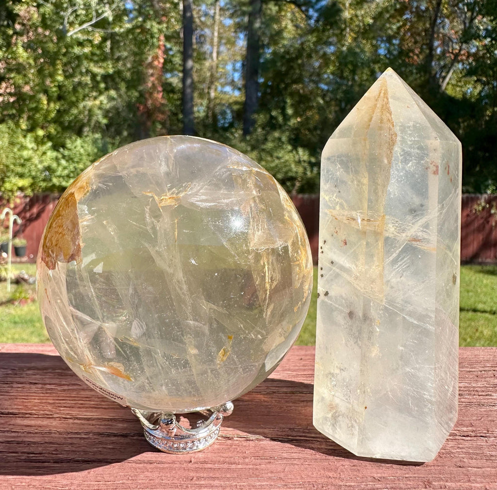 Girasol Quartz Sphere & Point Set with Unique Inclusions from Madagascar