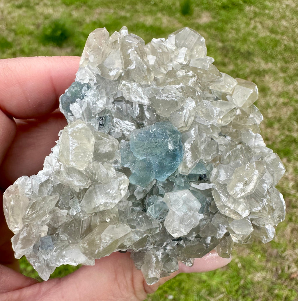 Benz Calcite on Blue & Green Fluorite, Xiang Hualing Mine, China