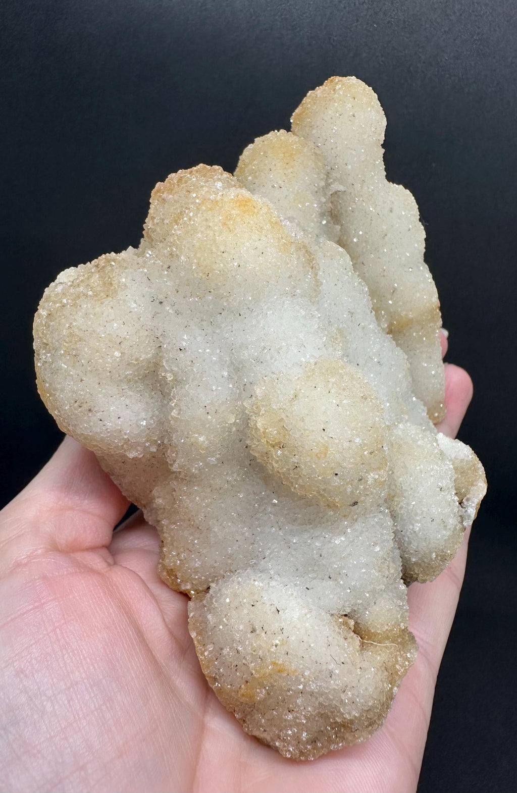 689 Grams Sparkly White Chalcedony Stalactite Cluster with Orange Zoning from Morocco