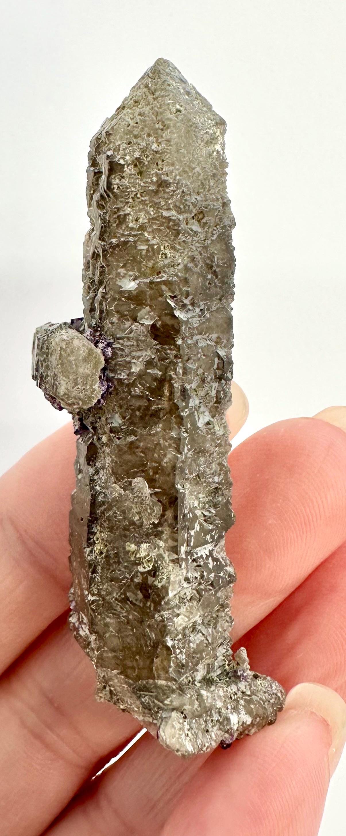 26 Grams Double-Terminated Quartz with Intergrown Crystals, Chlorite Coating & Deep Purple Cubic Fluorite with Phantoms from Inner Mongolia