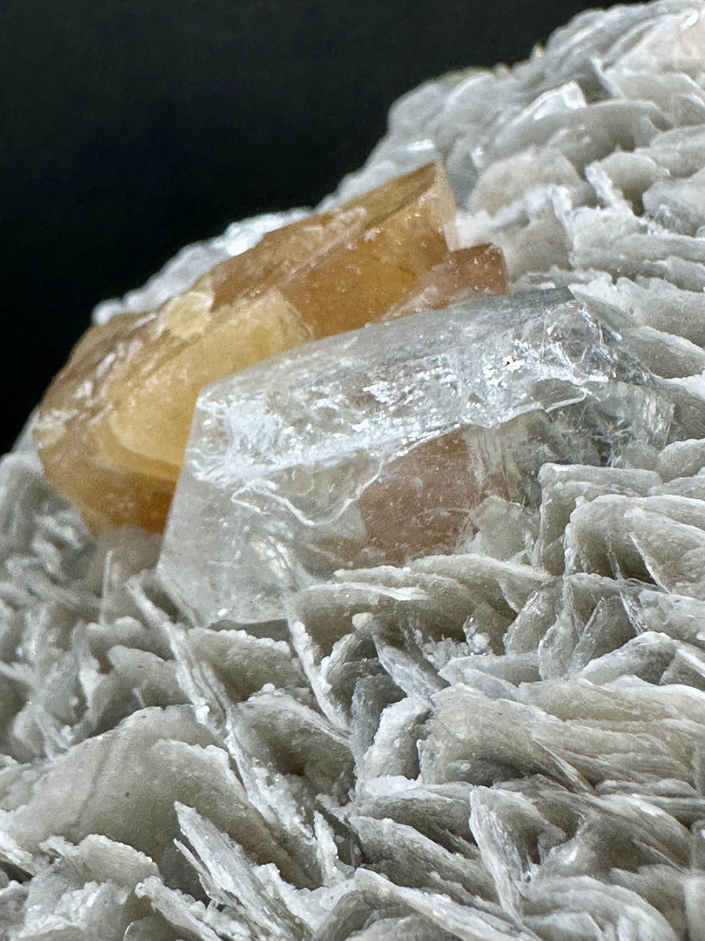 Golden Scheelite & Clear Aquamarine on Muscovite Blades, Mt. Xuebaoding, Sichuan Province, China
