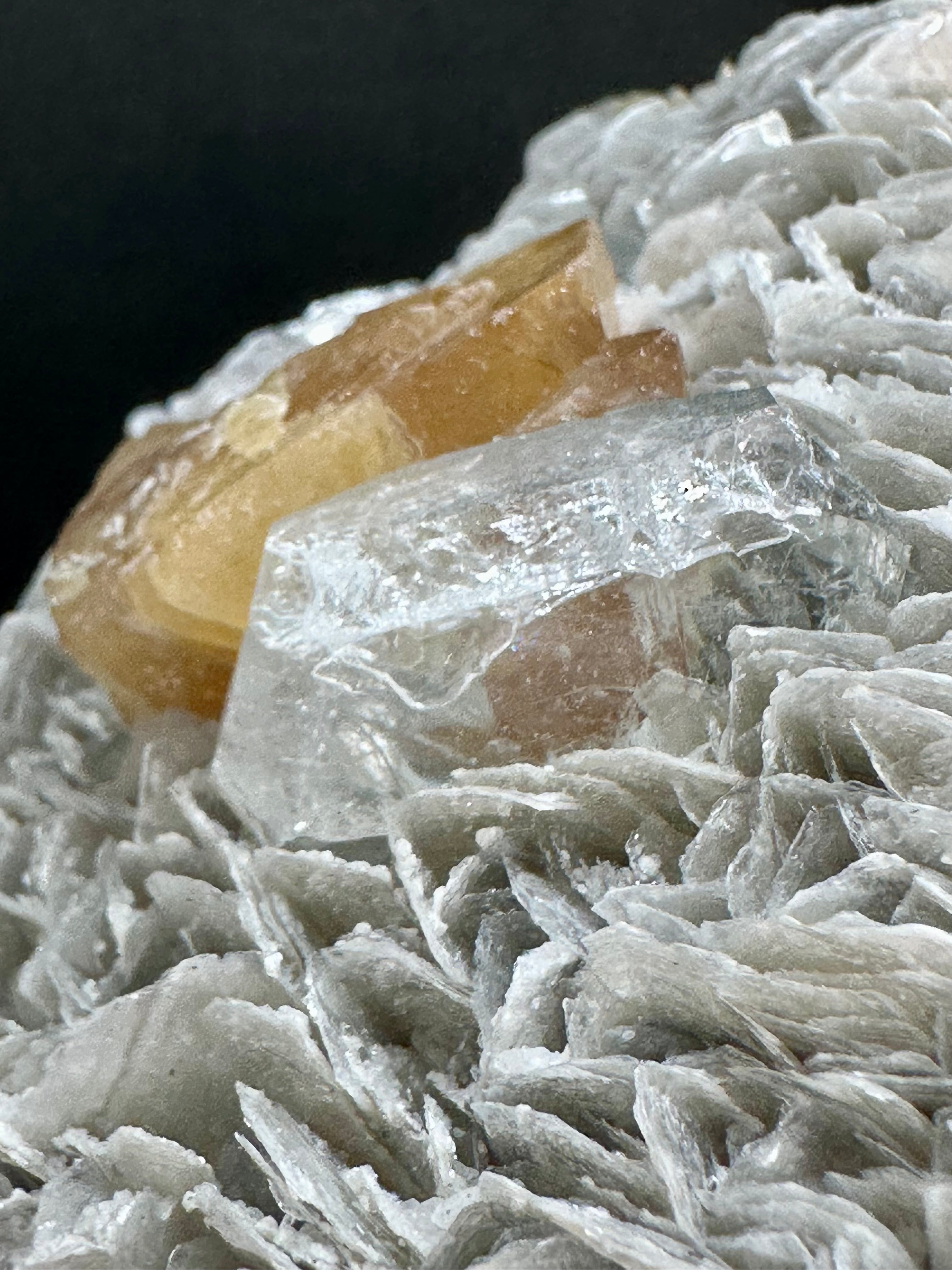 Golden Scheelite & Clear Aquamarine on Muscovite Blades, Mt. Xuebaoding, Sichuan Province, China