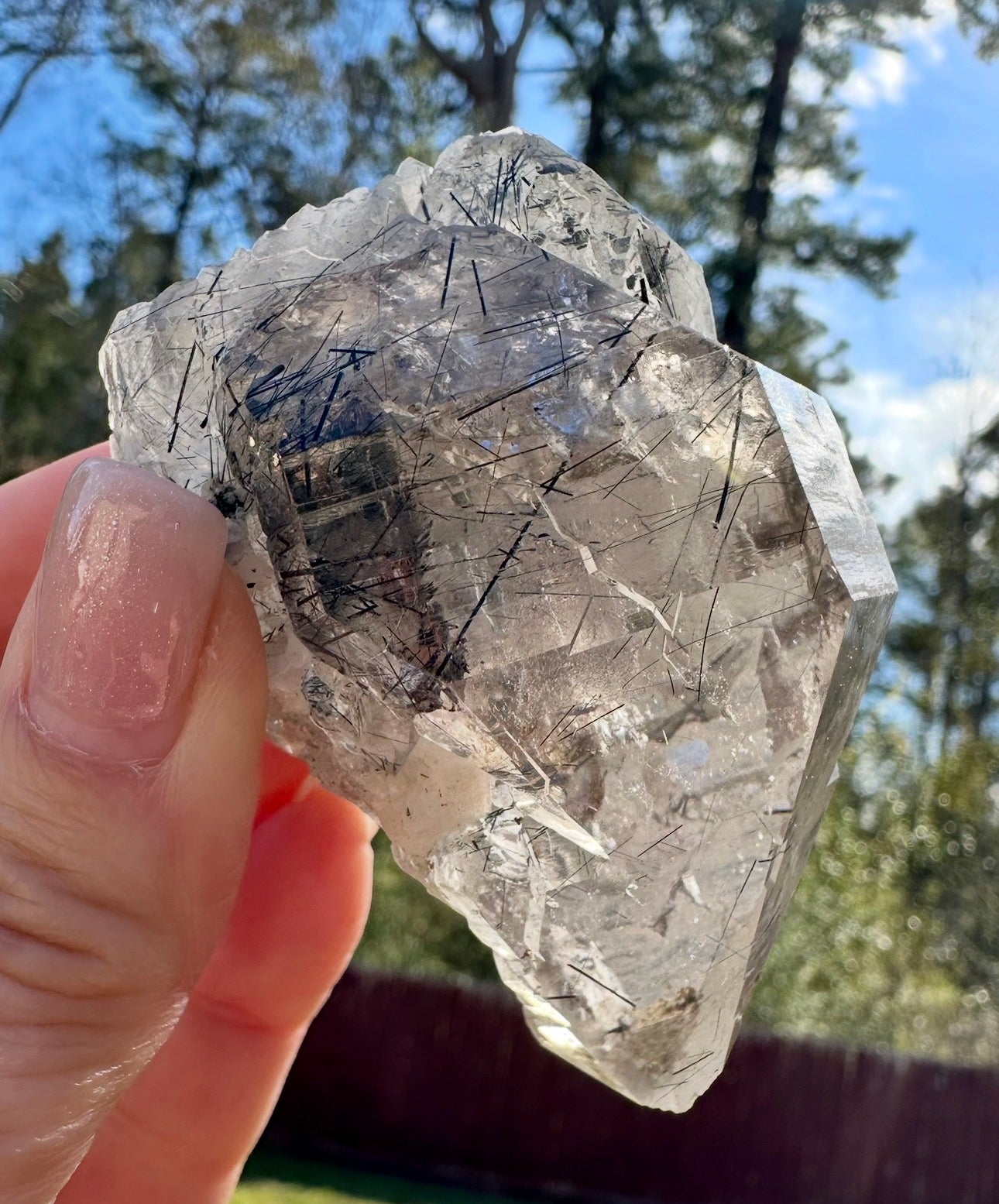 Magnesio-Riebeckite Included Smoky Quartz with Rainbows Point, Sagi Mountain