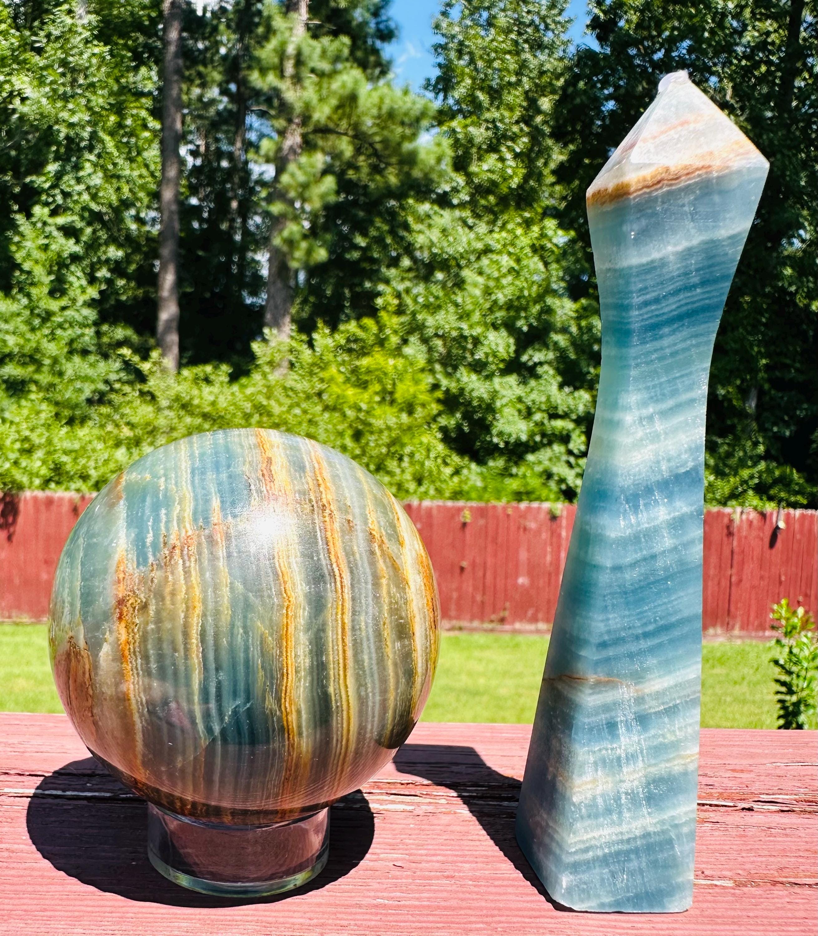 402 grams Aquatine Lemurian, Blue Onxy, Blue Calcite, Argentinian Blue Onyx, with a Tower as a bonus, from Agentina