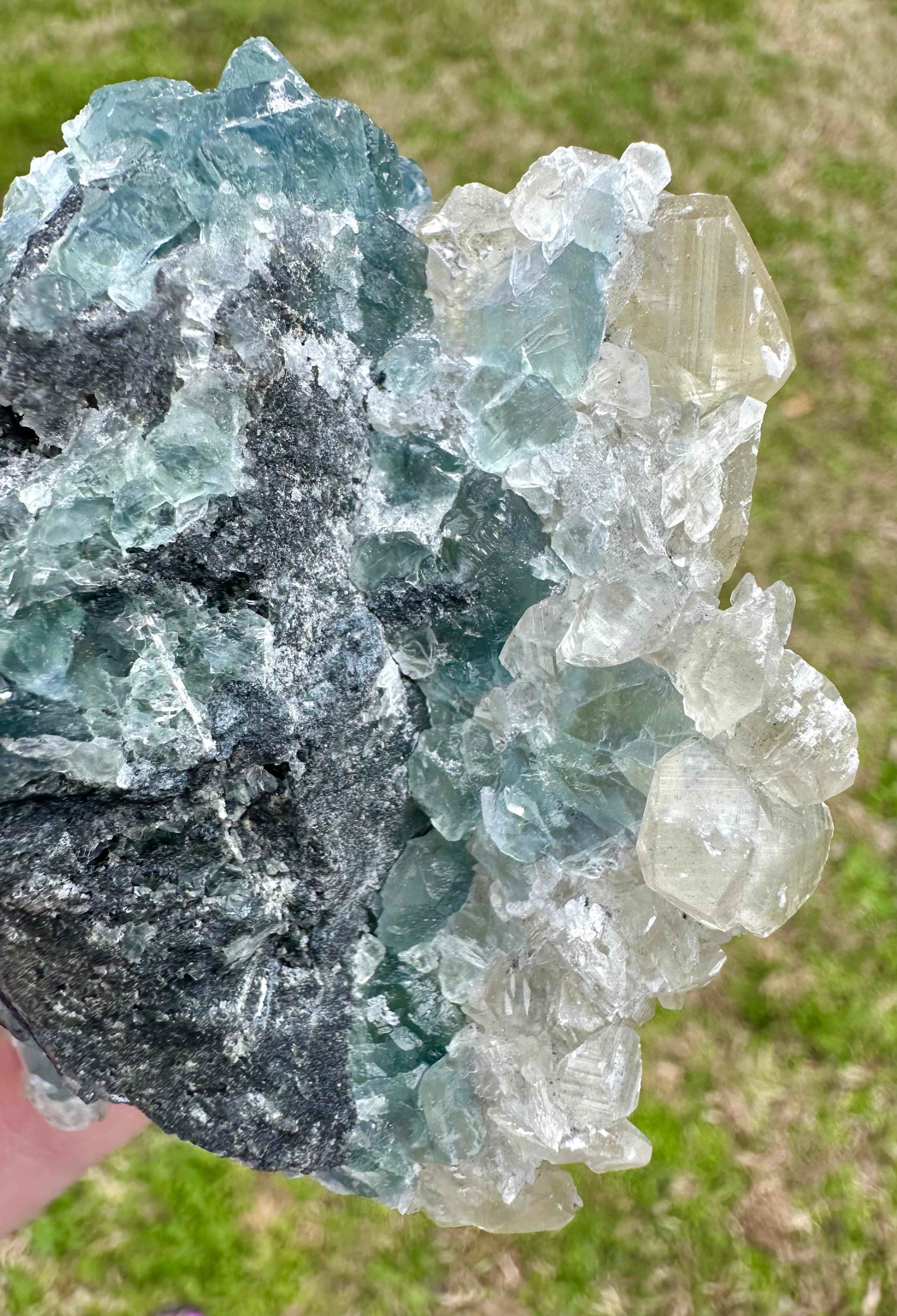 Benz Calcite on Blue & Green Fluorite, Xiang Hualing Mine, China