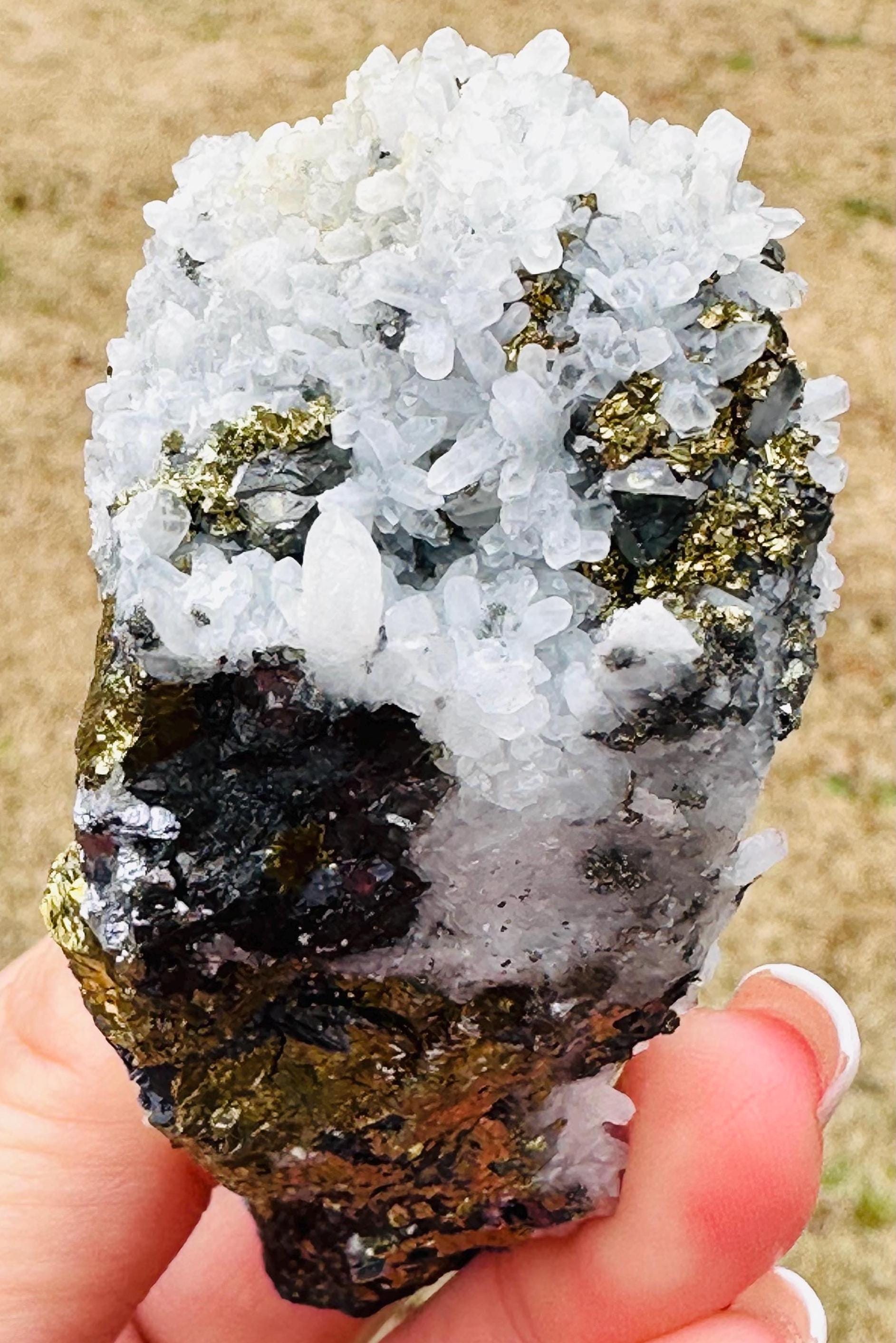 175 Grams unique Chalcopyrite Pseudomorph after Sphalerite with Quartz Crystals from Huanza Mine in Peru