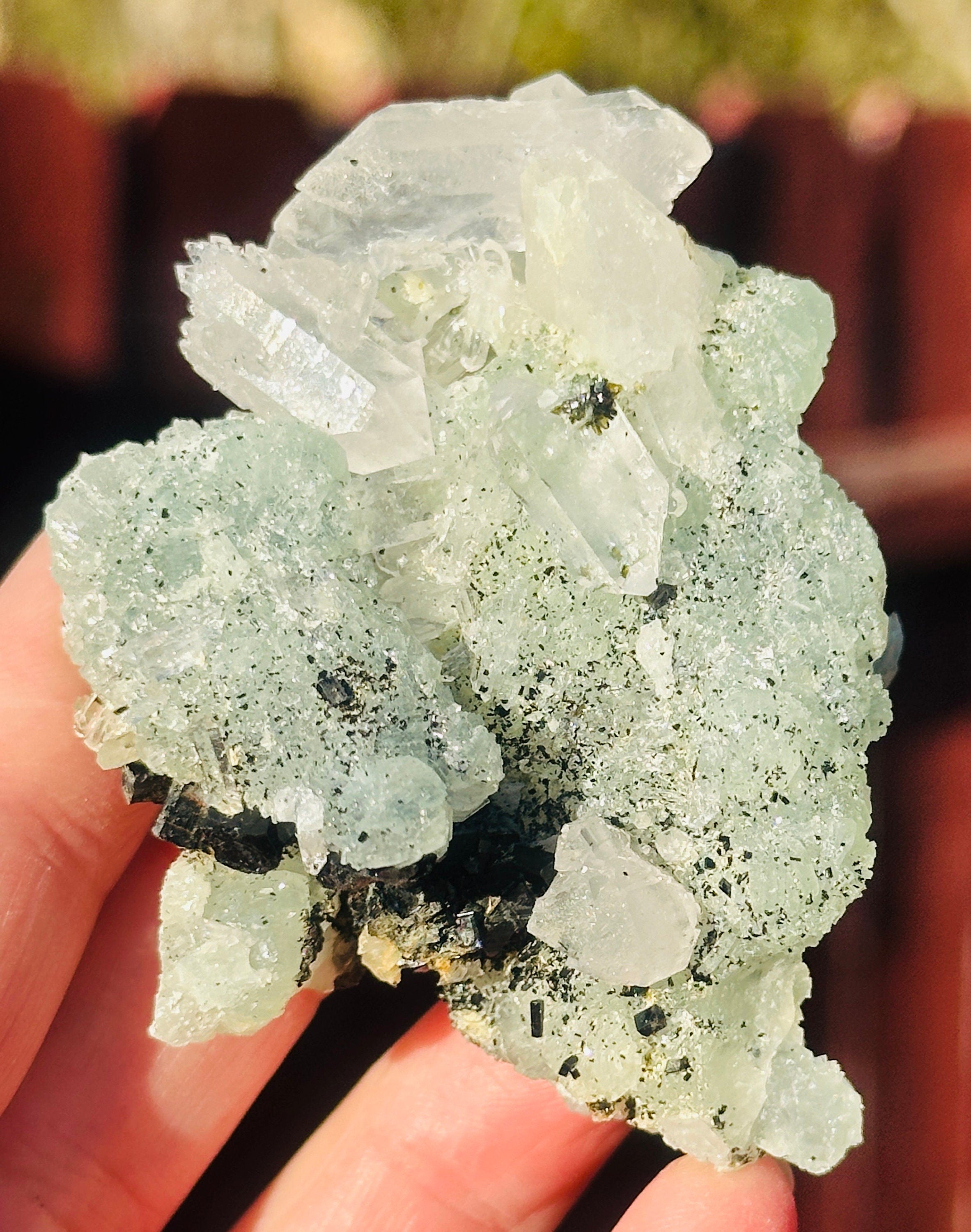 90 Grams of Babingtonite on Prehnite and ET and DT Clear Quartz Points from Qiaojia, Yunnan Province, China