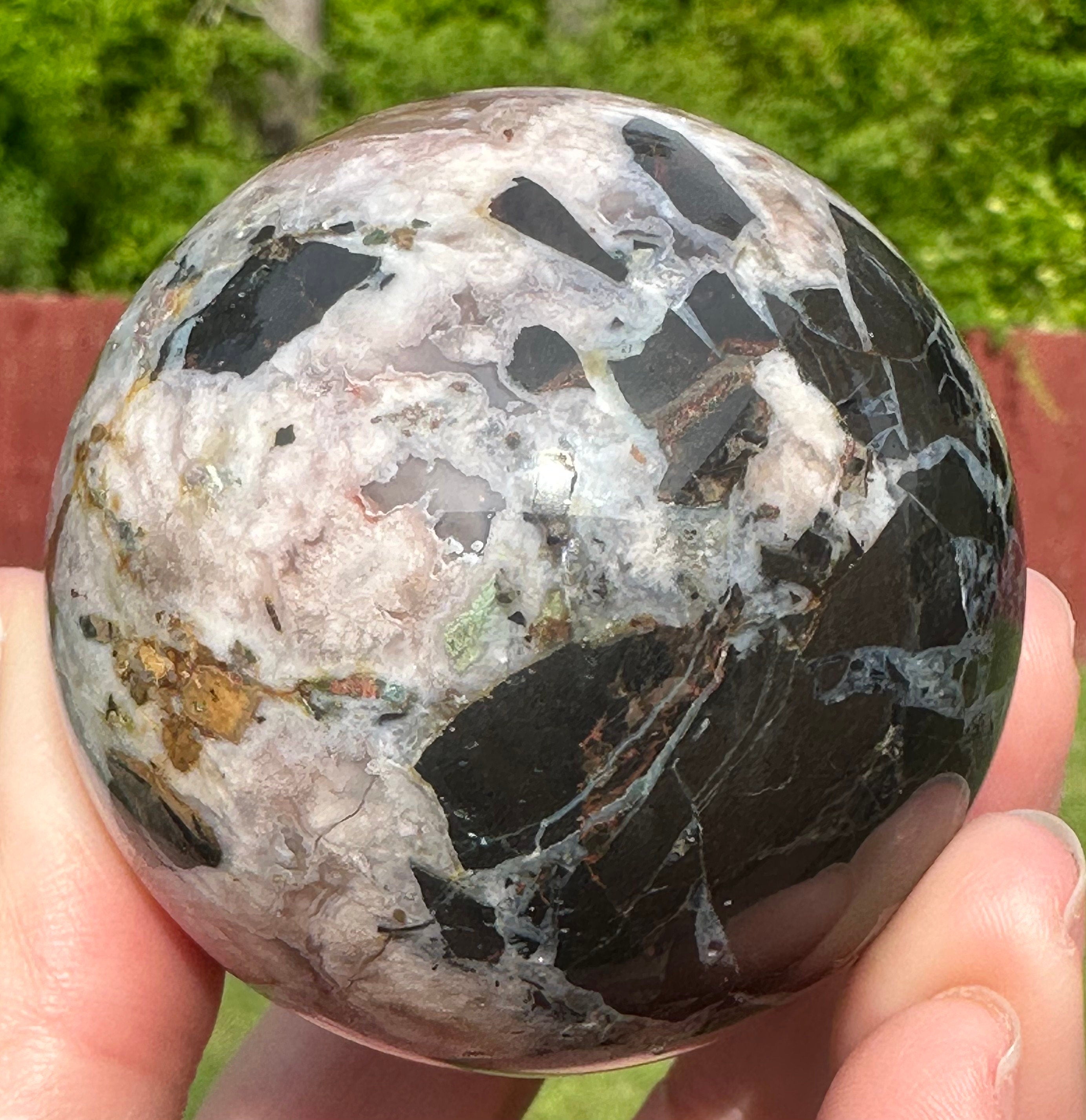 231 Grams Mosaic Like Black Flower Agate Sphere from Madagascar