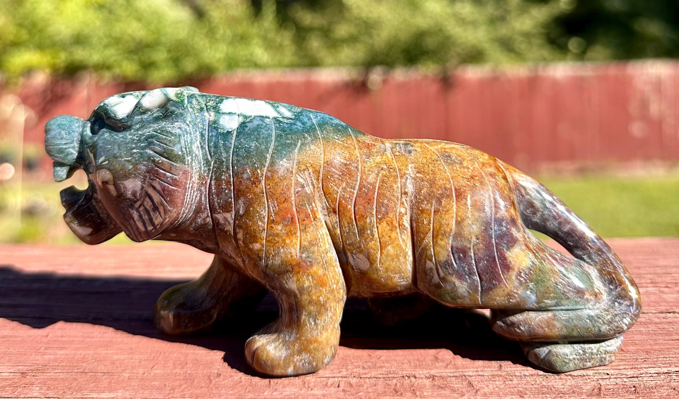 383 grams Captivating Colorful Moss Agate Tiger Carving from India