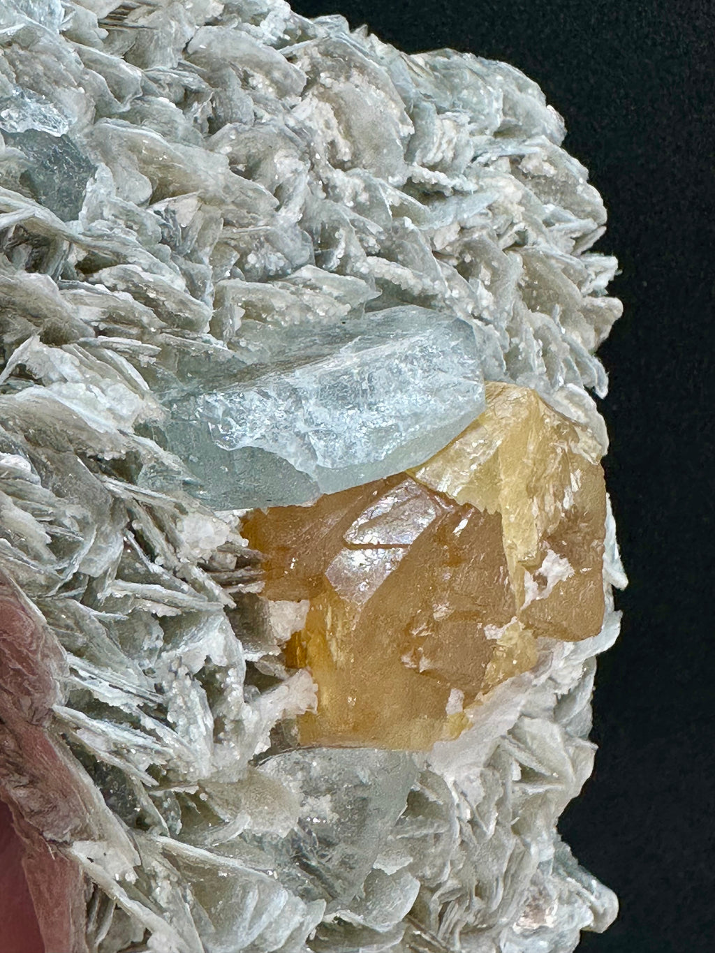 Golden Scheelite & Clear Aquamarine on Muscovite Blades, Mt. Xuebaoding, Sichuan Province, China