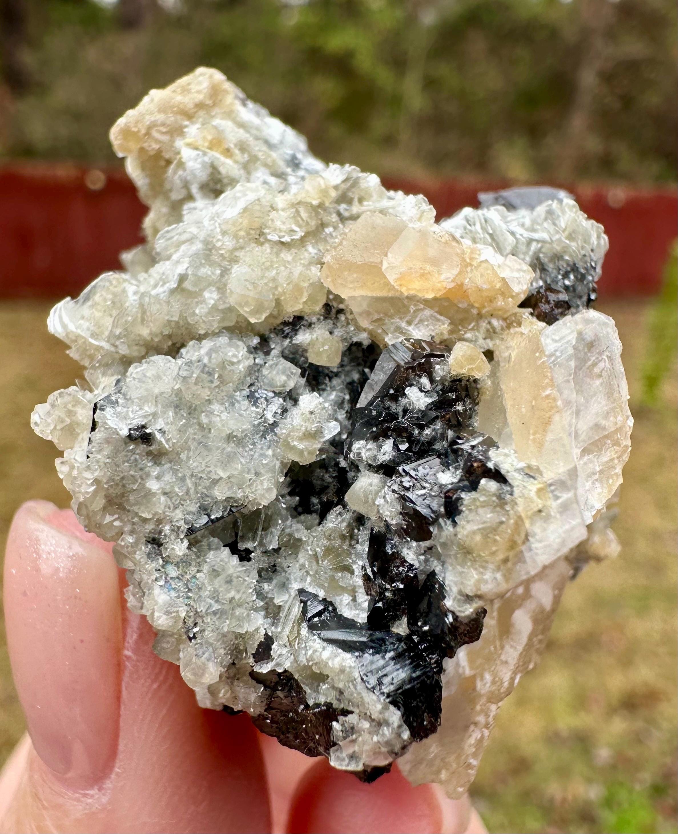 95 Grams Cassiterite Cluster with Silvery Muscovite & Fluorescent Calcite from Afghanistan