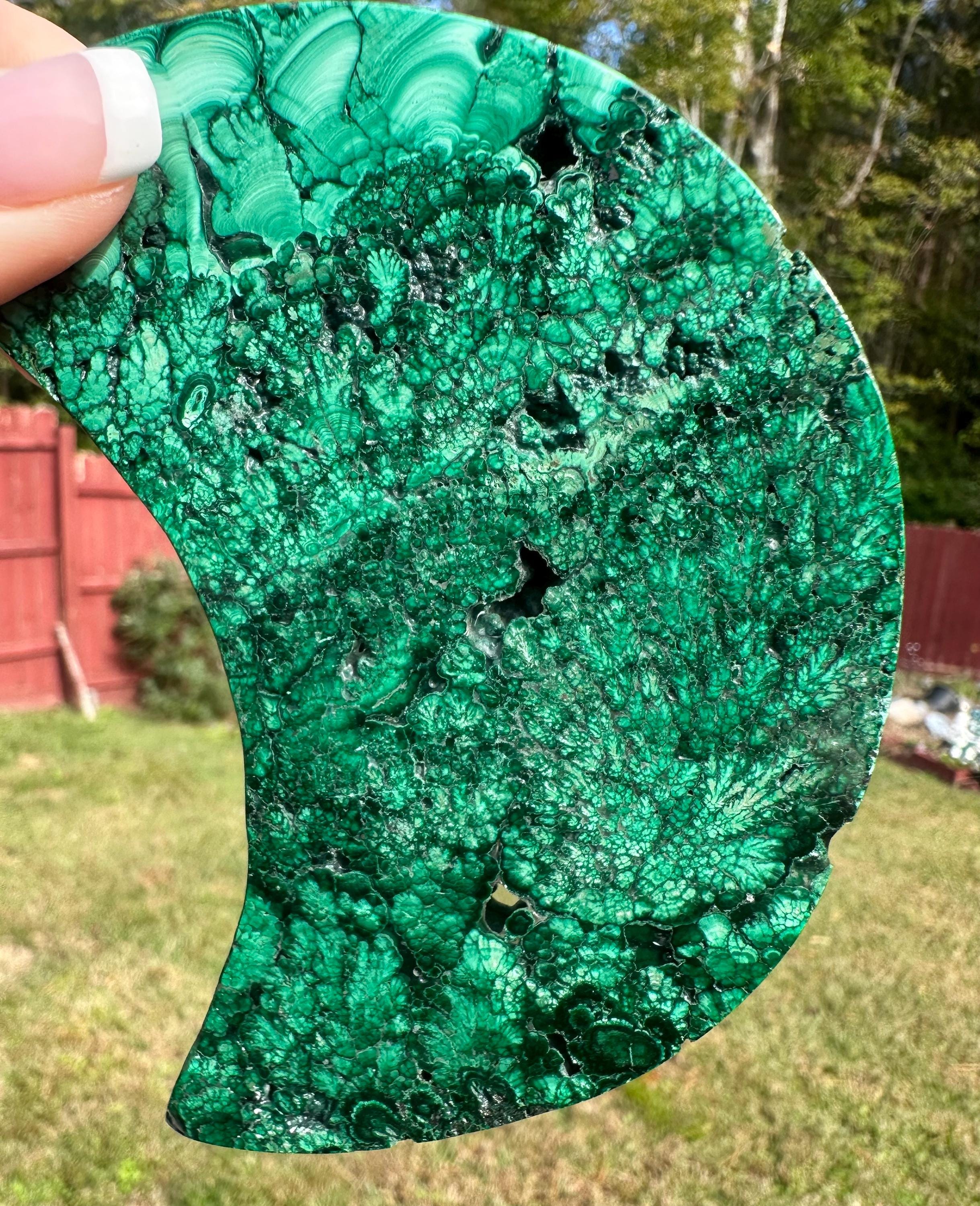 225 grams Gorgeous Malachite Crescent Moon with metal stand