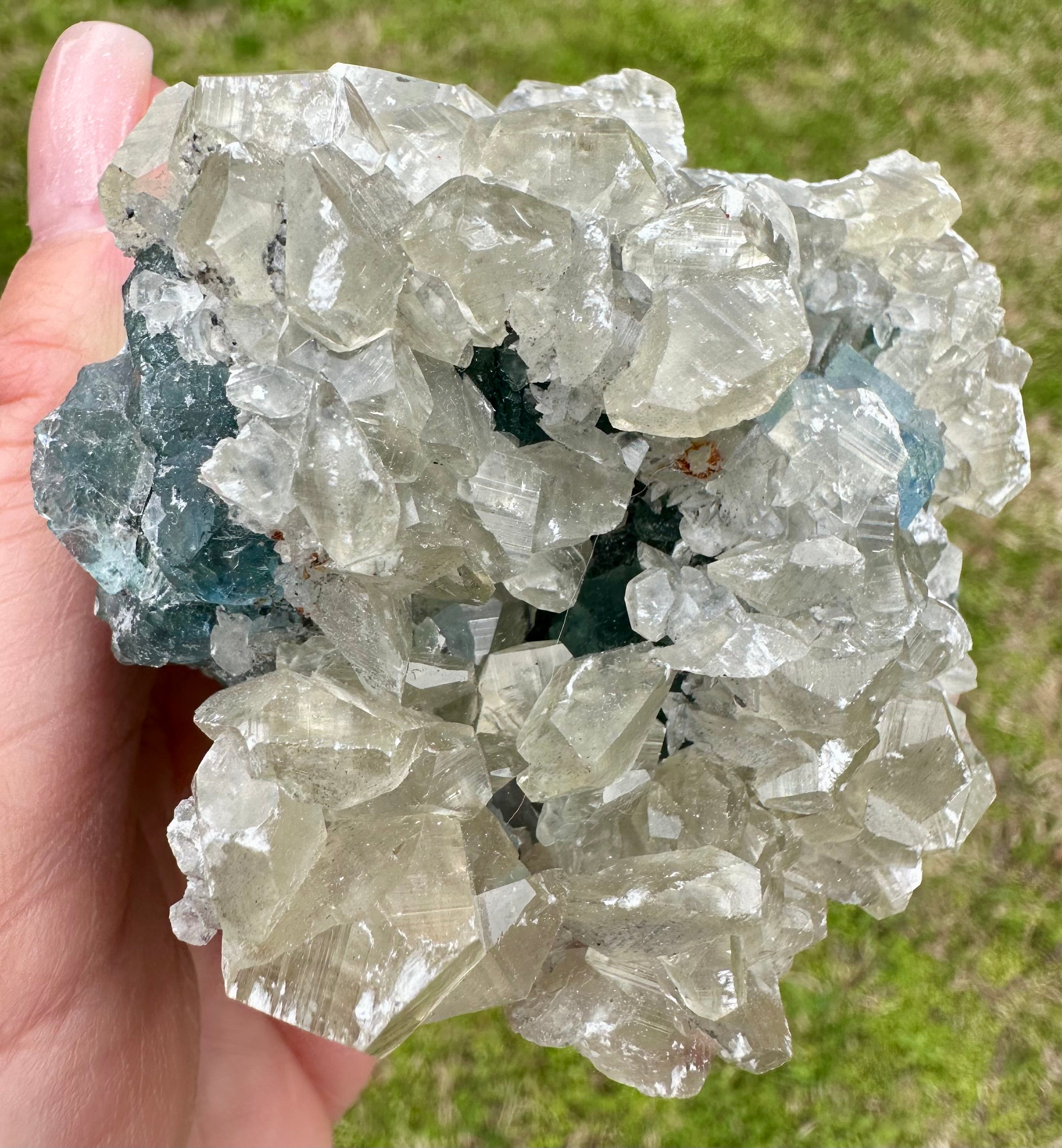 Benz Calcite on Blue & Green Fluorite, Xiang Hualing Mine, China