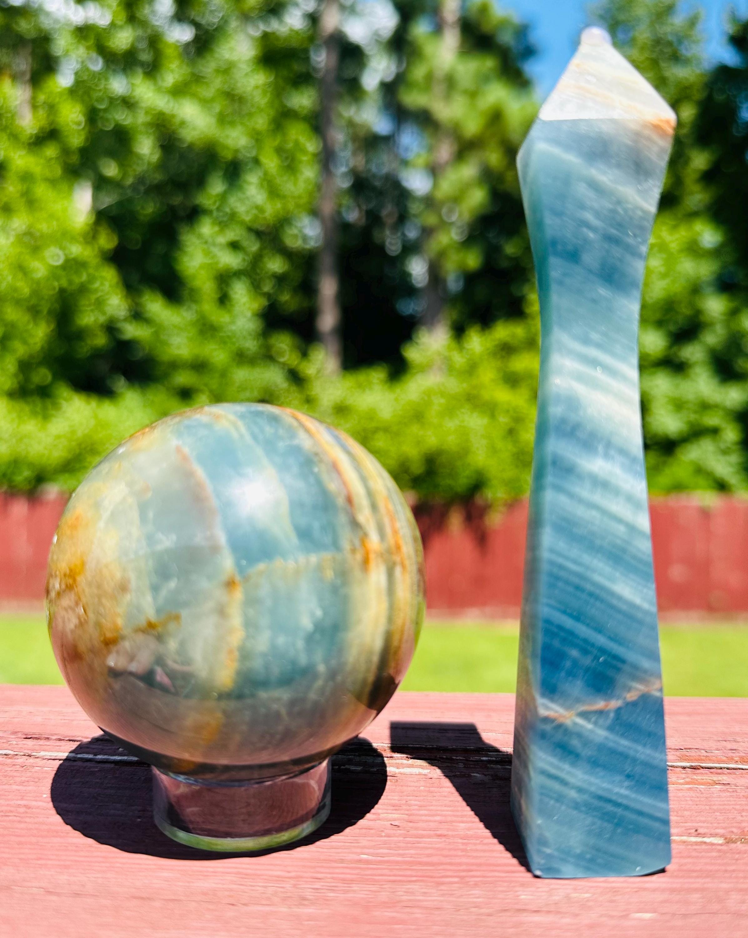 402 grams Aquatine Lemurian, Blue Onxy, Blue Calcite, Argentinian Blue Onyx, with a Tower as a bonus, from Agentina