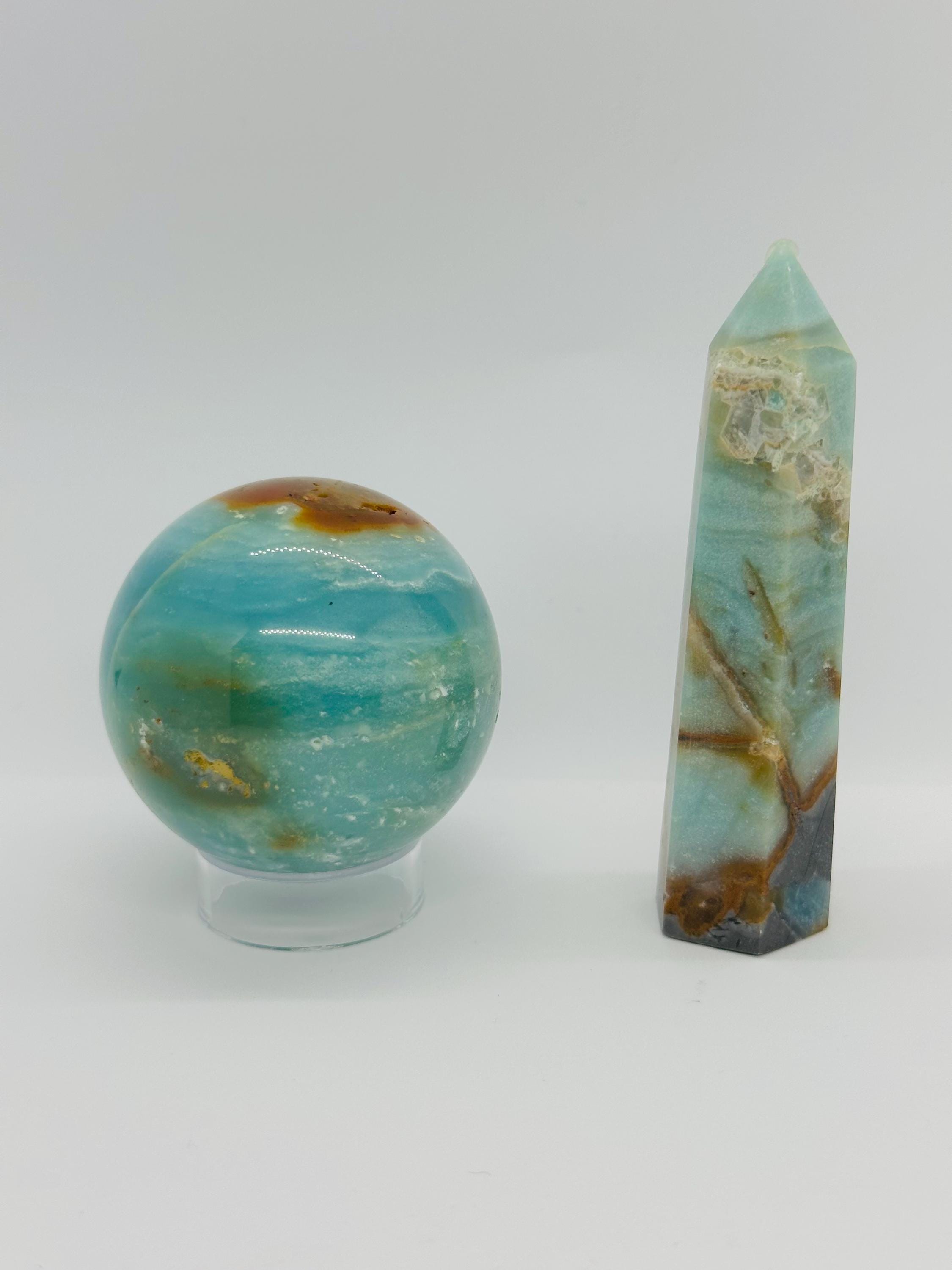 Caribbean Dream Duo: Vibrant Caribbean Calcite Sphere & Soothing Point Set; The Dream Weaver's Orb from Pakistan